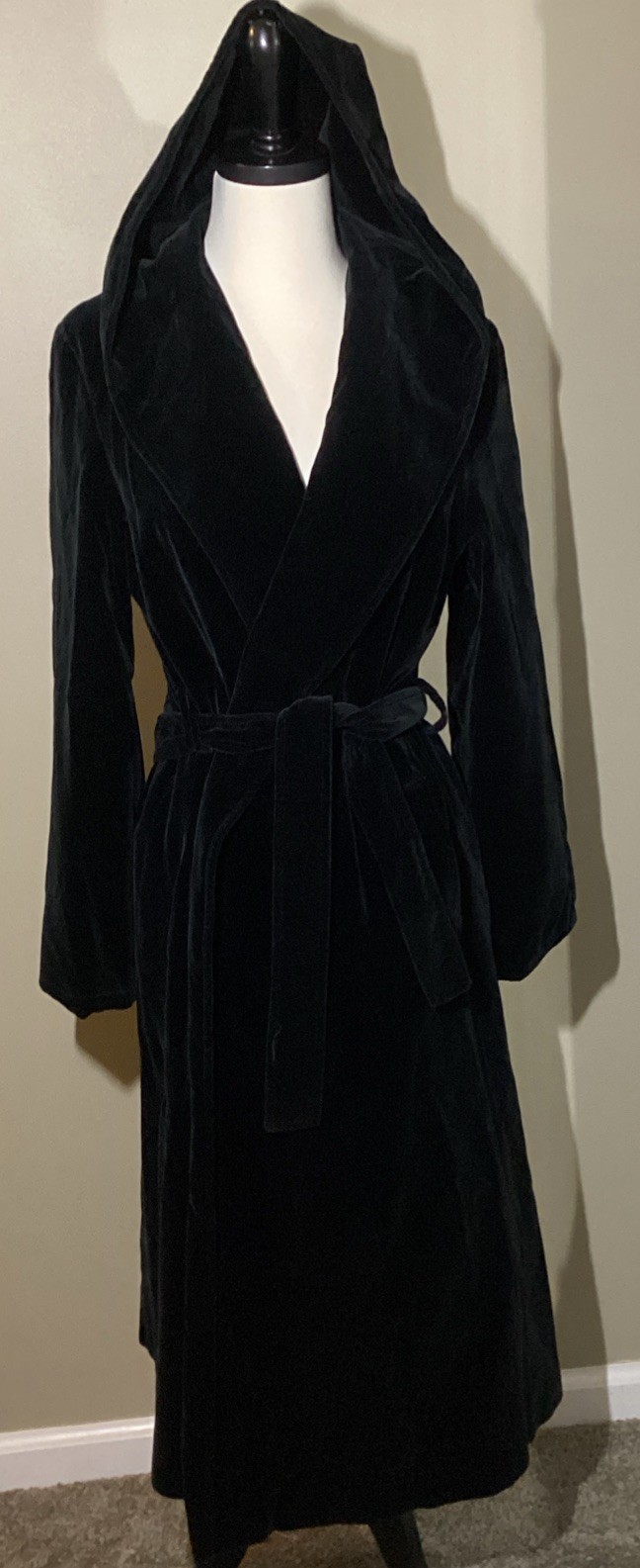 Vintage Black Velvet Belted Hooded Coat Sm Black Satin Lining Pockets USA Made