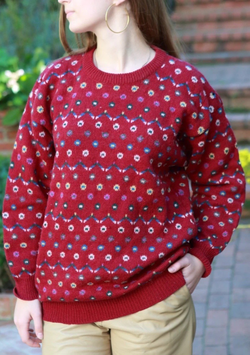 Vintage Crazy Horse M 100% Wool Oversized Sweater Burgandy Print