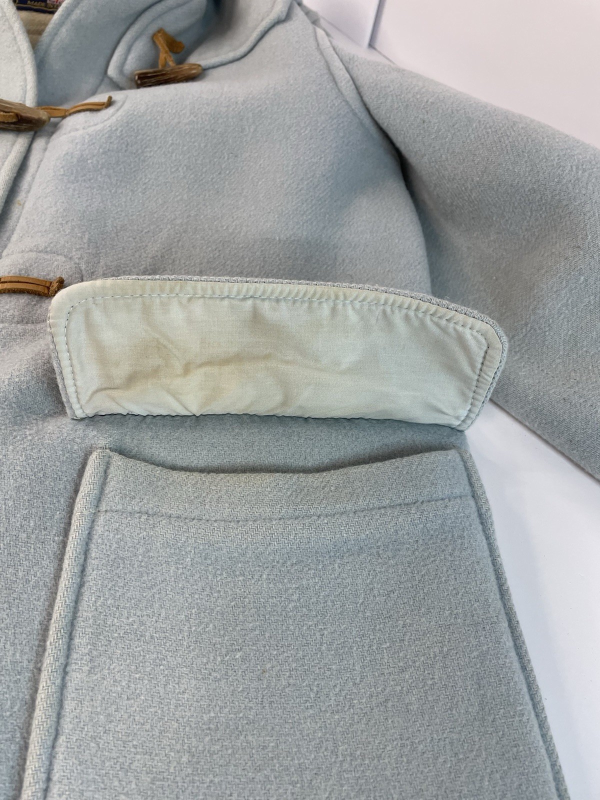 Vintage Gloverall Powder Blue Wool Duffle Coat Womens Sz 8 Hooded Toggle FLAWS