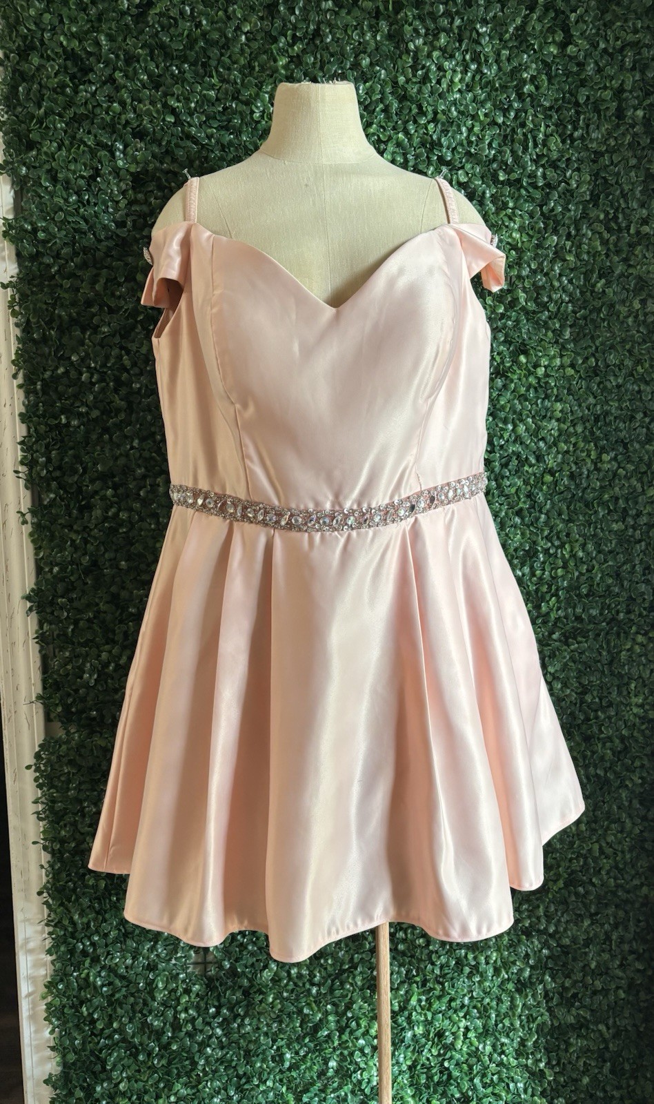 Vintage XL 90s Pink Satin Homecoming Dress Rhinestone Waist Off Shoulder