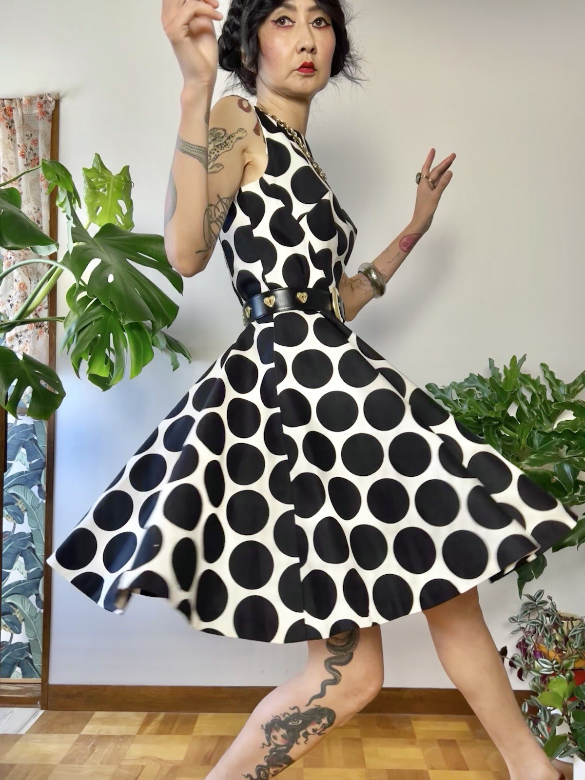 VTG 60s does 50s SABA CA Polka Dot Circle Skirt Dress Bullet Bust Mod S/M