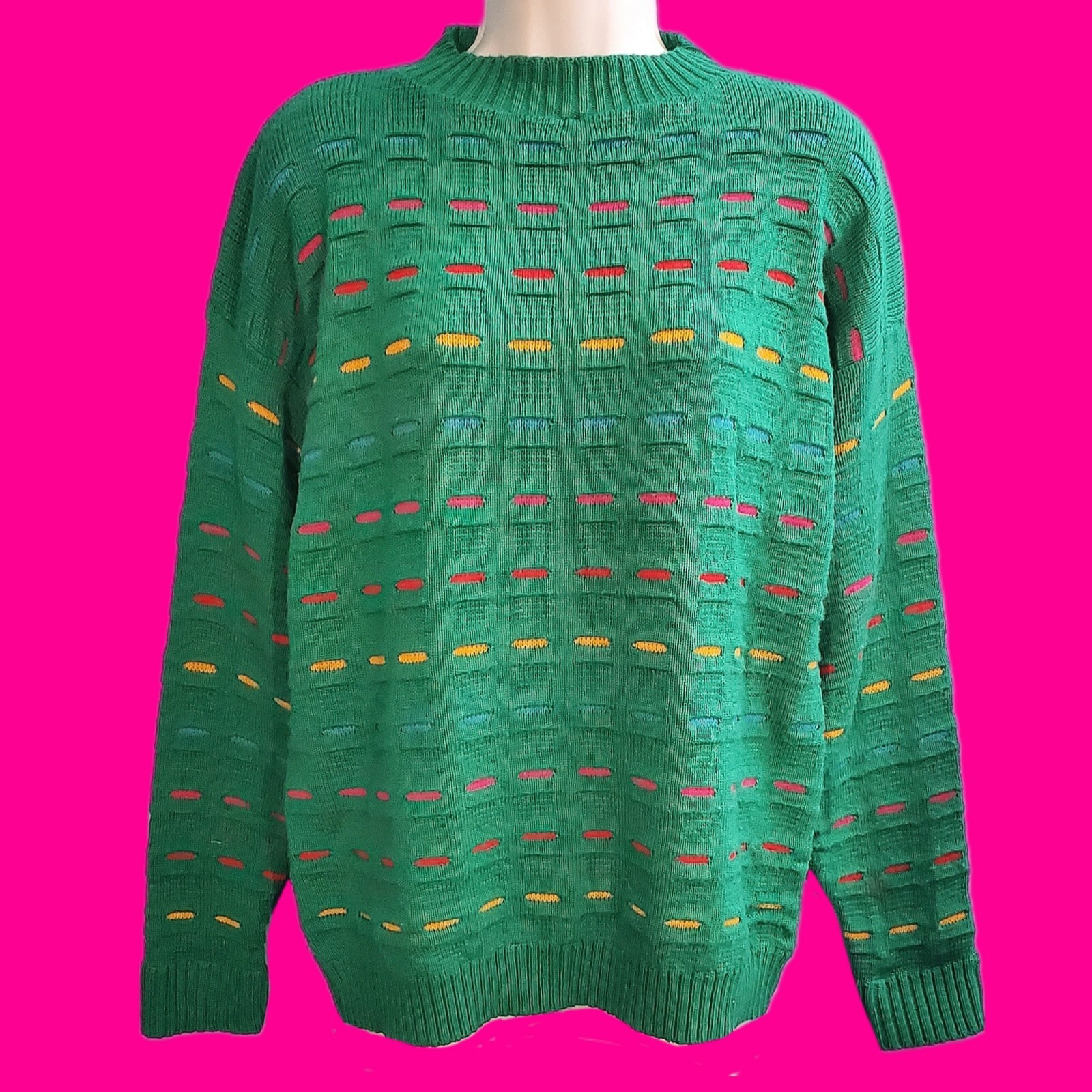 VINTAGE 80s PICKET AND POST 3D Unique Multicolor Green Knit Sweater XL