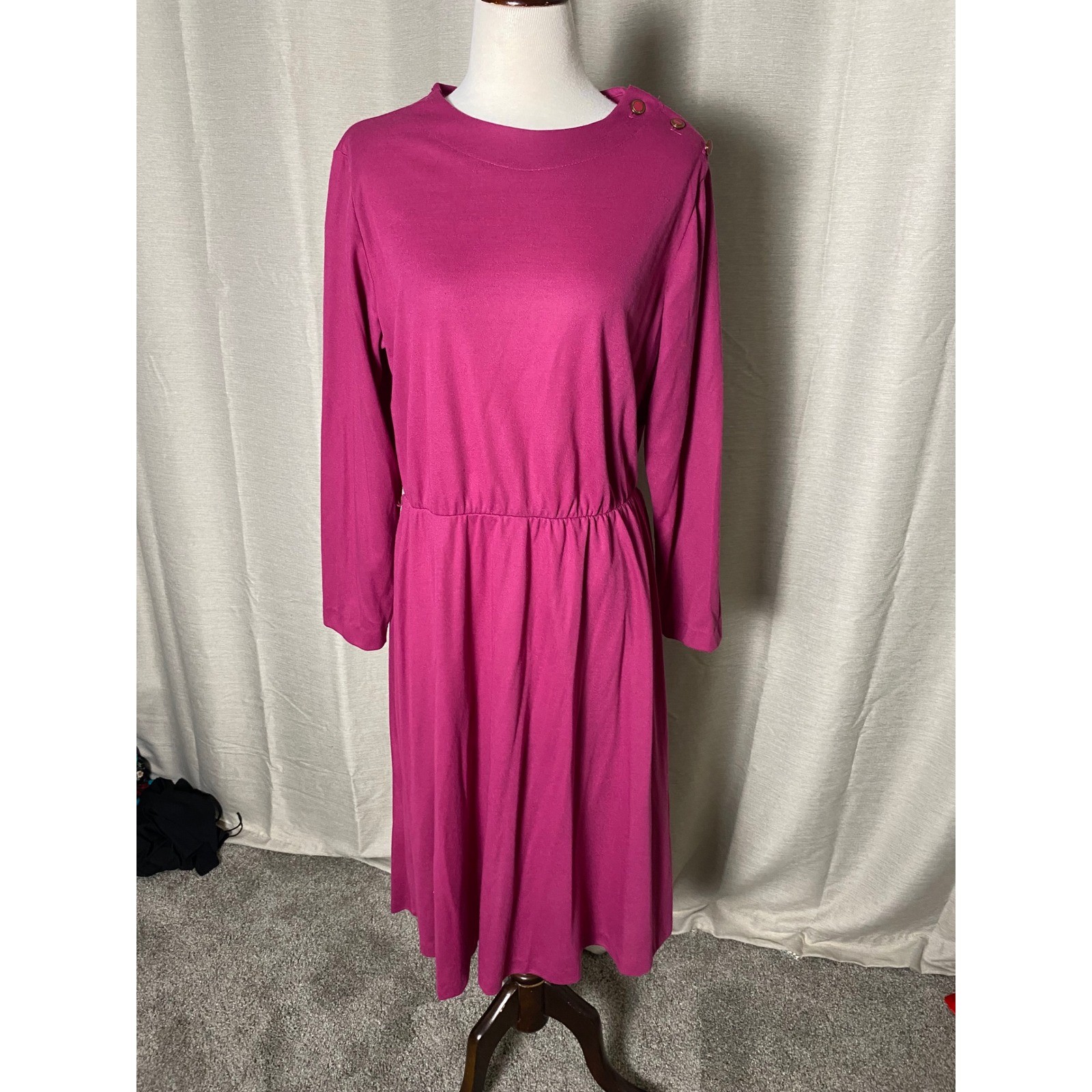 Vintage 70s Blair Magenta Pink Long Sleeve Button Shoulder Midi Dress Womens L
