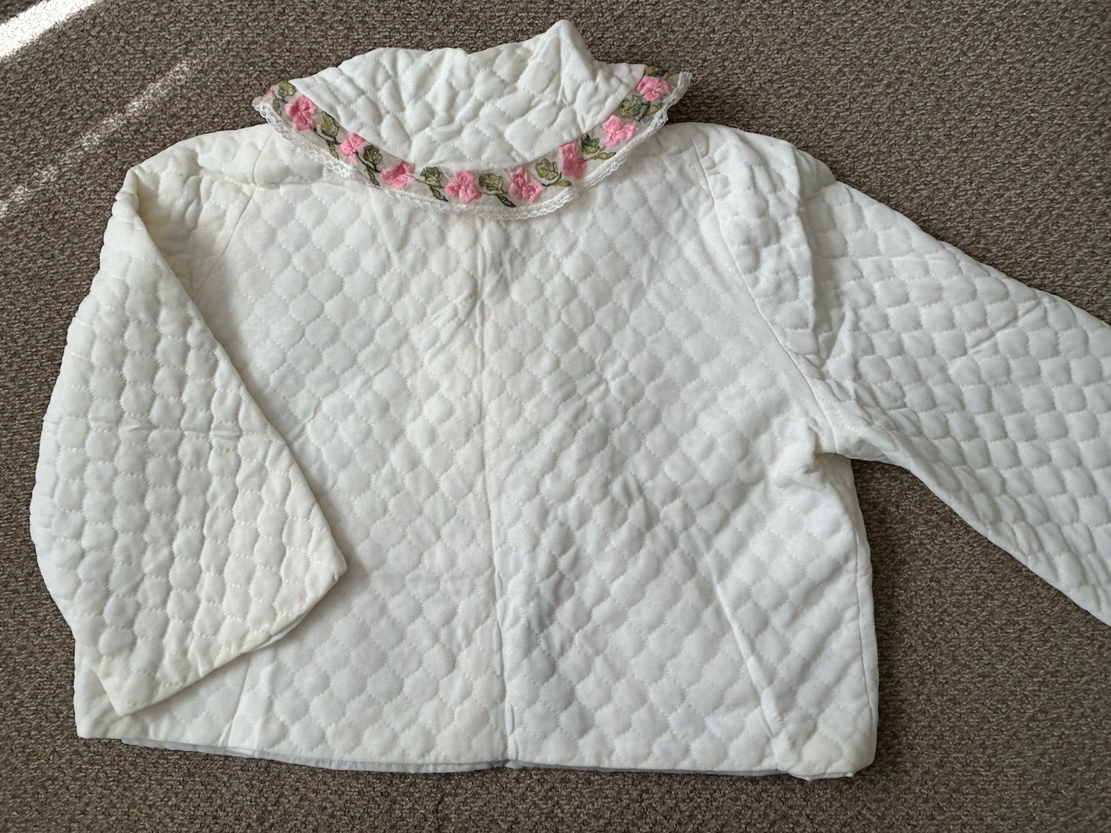 Vintage White Quilted Jacket with Pink Flowers On Lace Appears To Be Small
