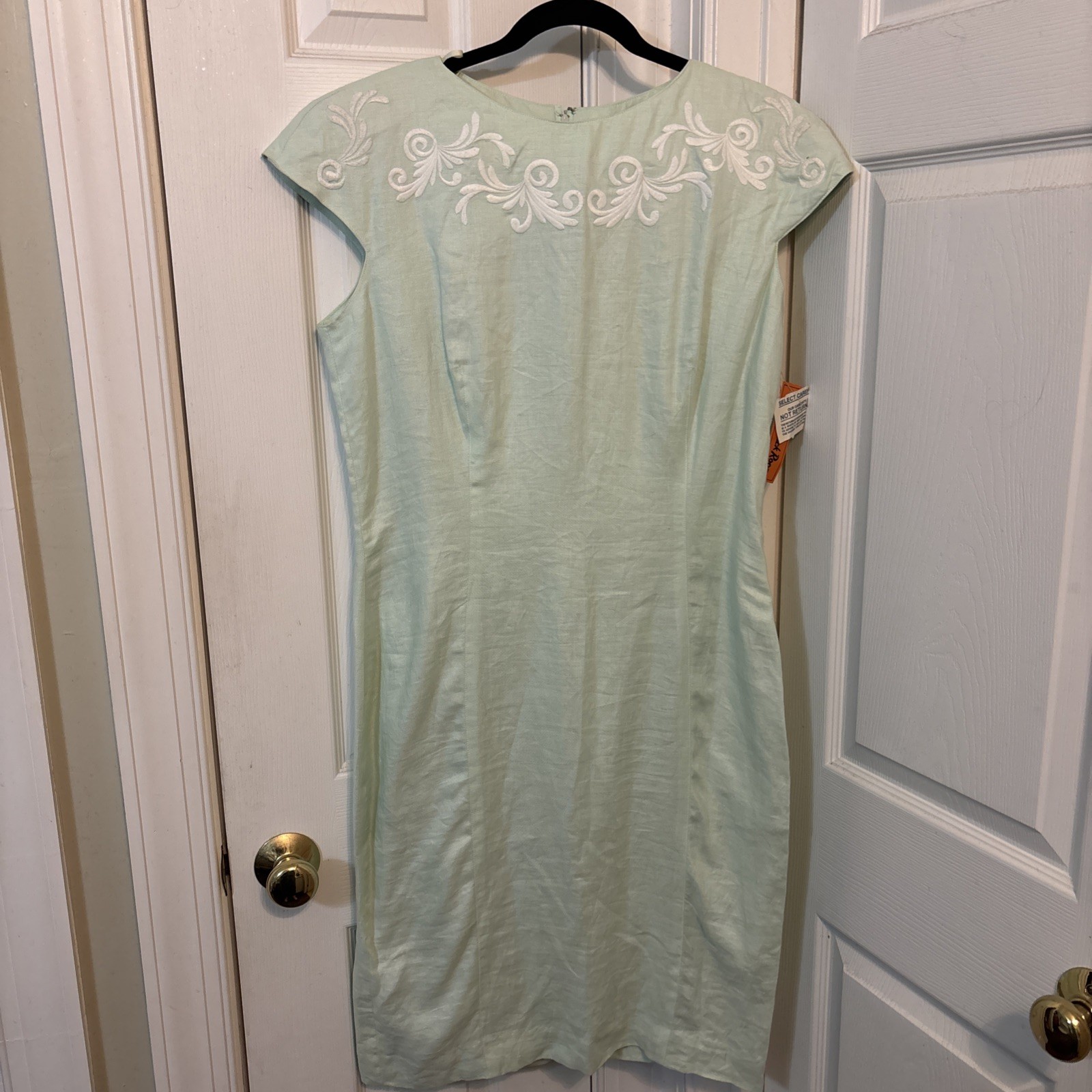 NWT Vintage Loehmann’s 100% Linen Midi Dress “Back Door” Sz 14 SS Mint Green
