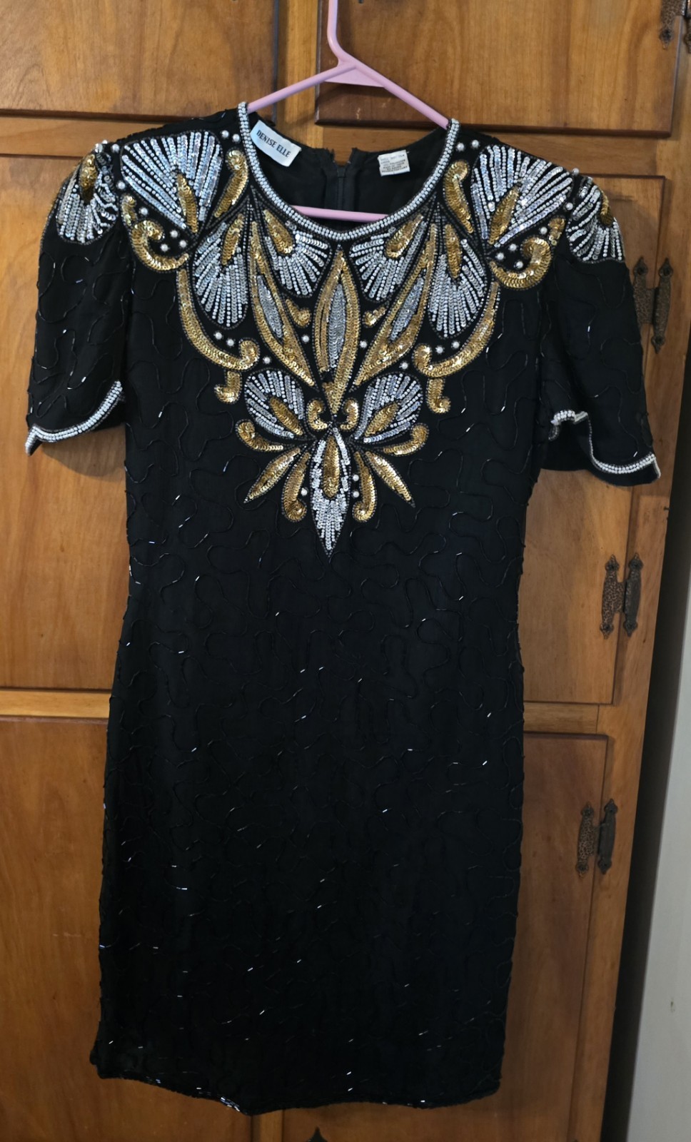 Vintage Denise Elle Black Silk Cocktail Dress Featuring Gold & Silver Beaded…