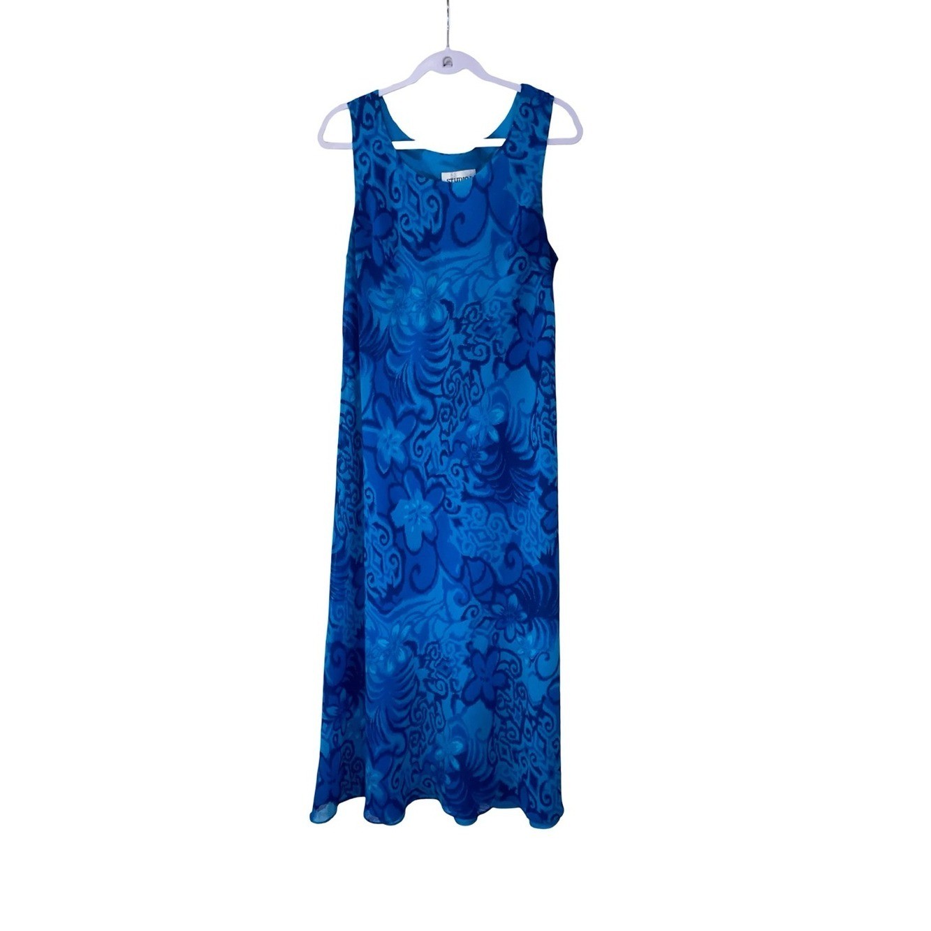 Vintage Studio I Blue Floral Abstract Maxi Dress Sleeveless Chiffon Overlay L