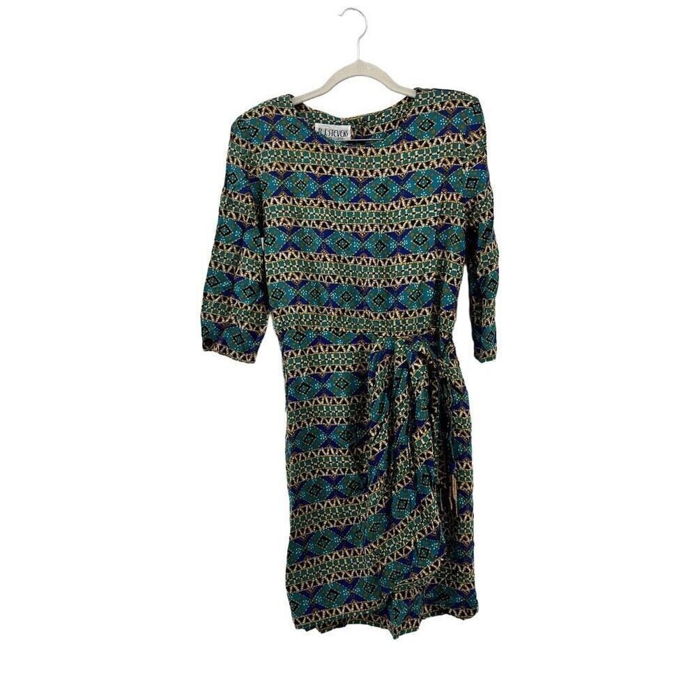 Vintage Dress R.J. Stevens Geometric Print 3/4 Sleeve Career Casual 90 Faux Wrap