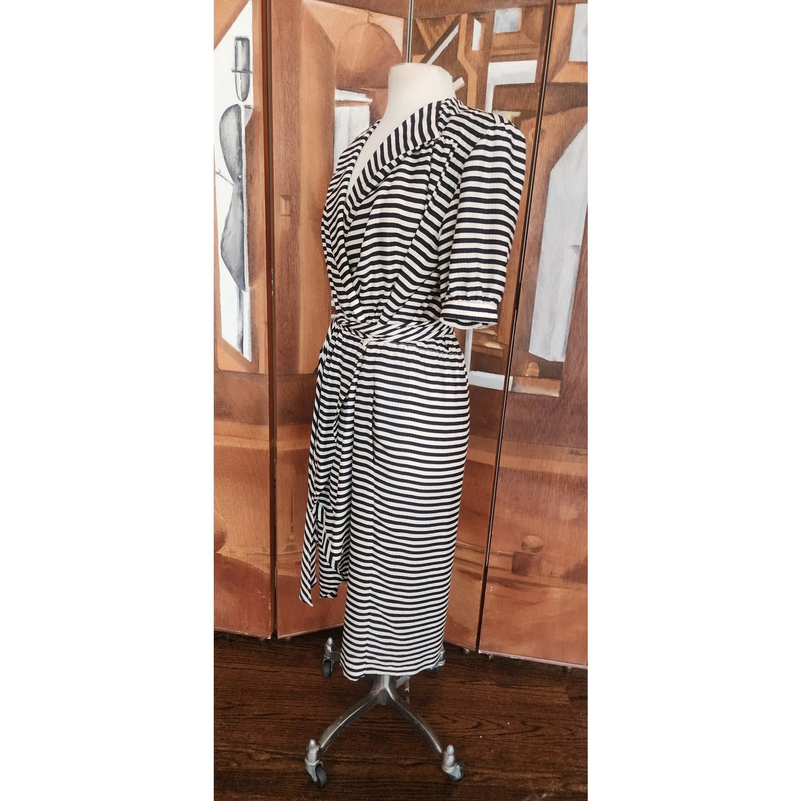 Vintage 1980s Archival Armani Dress Silk Striped Wrap Midi White Label IT 38
