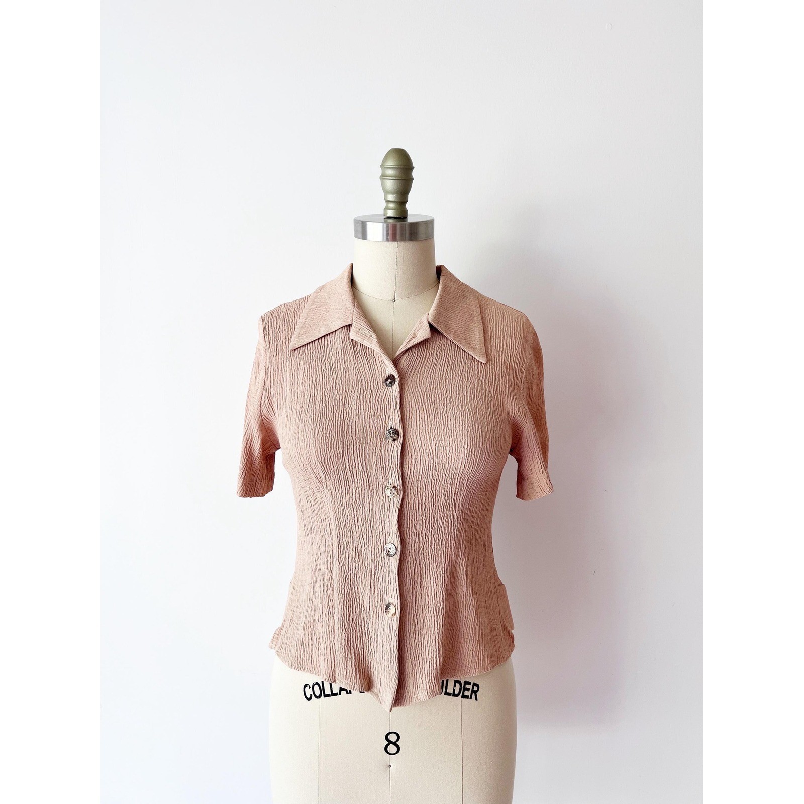 Short Sleeve Blouse Taupe Putty Open Back Vintage Crinkle Top