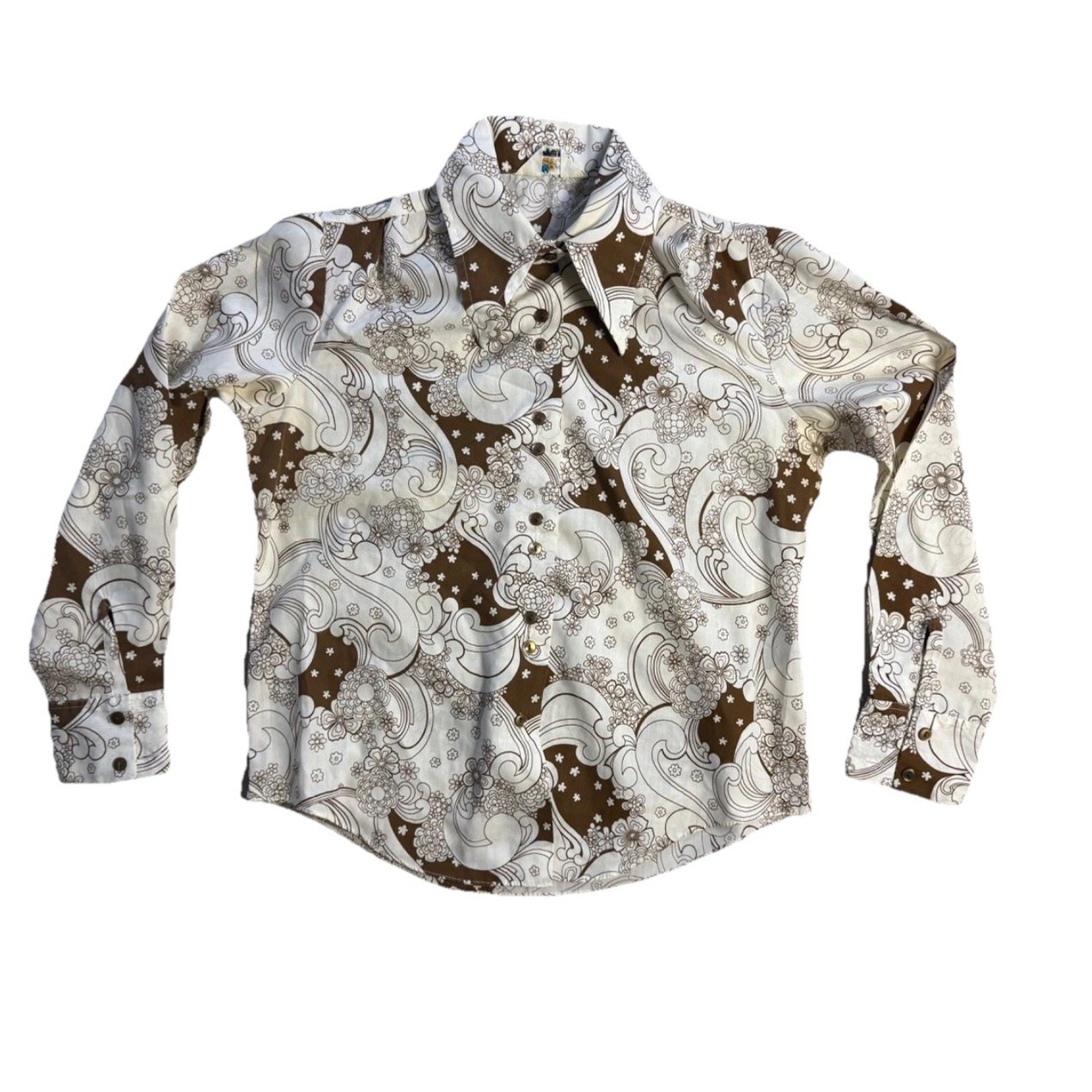 Vtg 1970’s Brown Floral Funky Blouse Fabulous Zayre Permanent Press Sz 36 Small