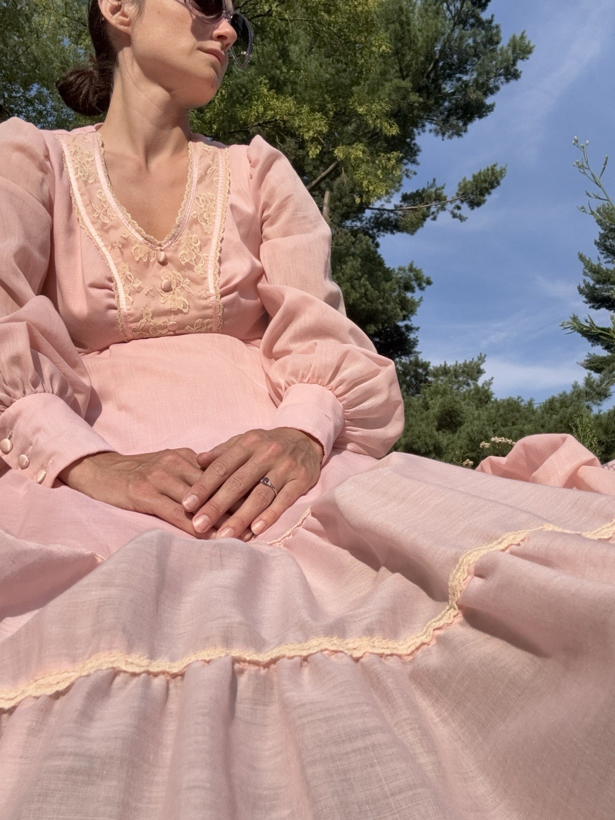 Vintage 70s Jody T Pink Prairie Maxi Dress Cottagecore Boho Fairy Size 13