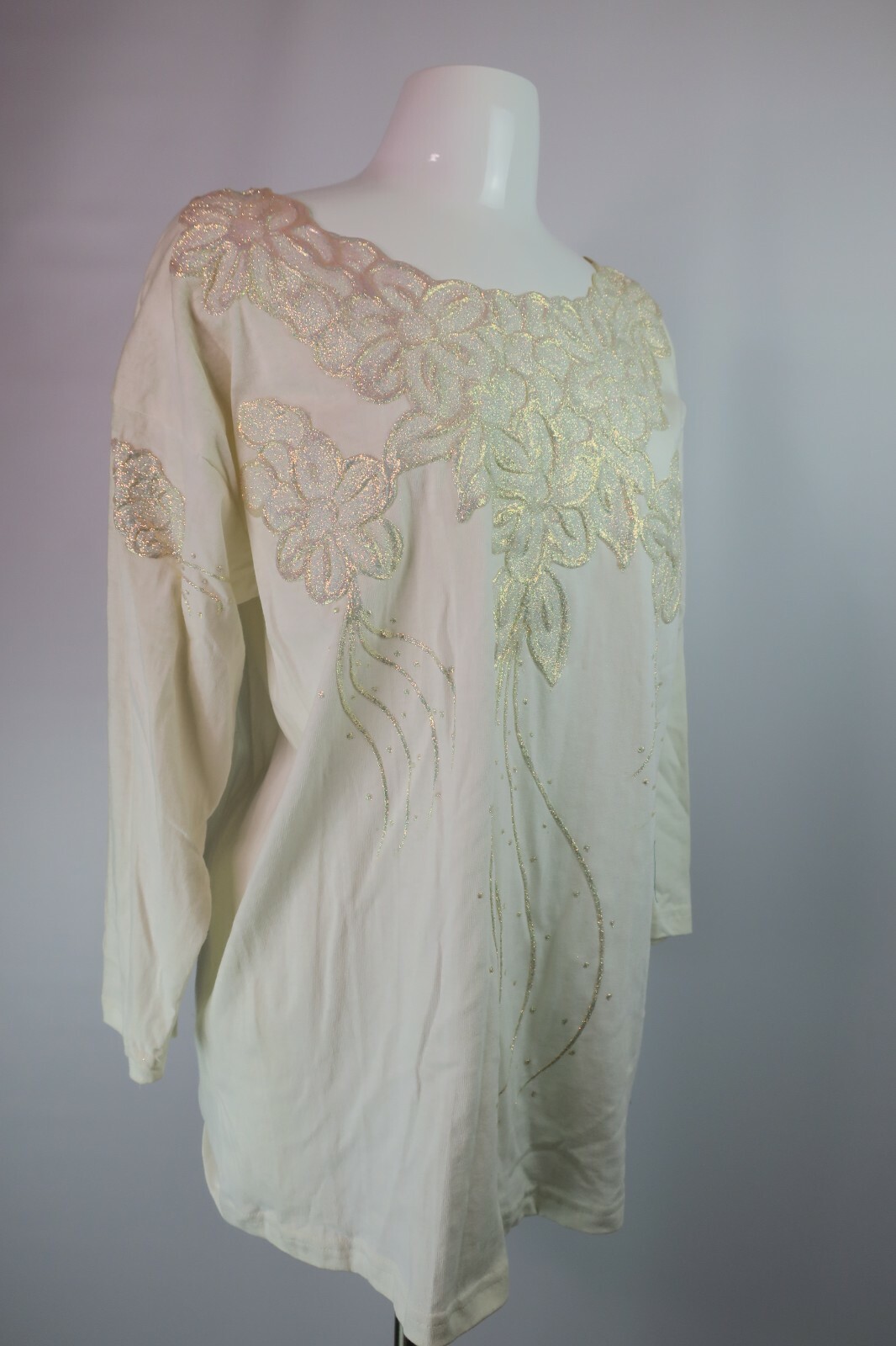 VTG 80s 3D Iridescent Ivory Glitter Embellished Top Floral OS Blouse NWT Facade