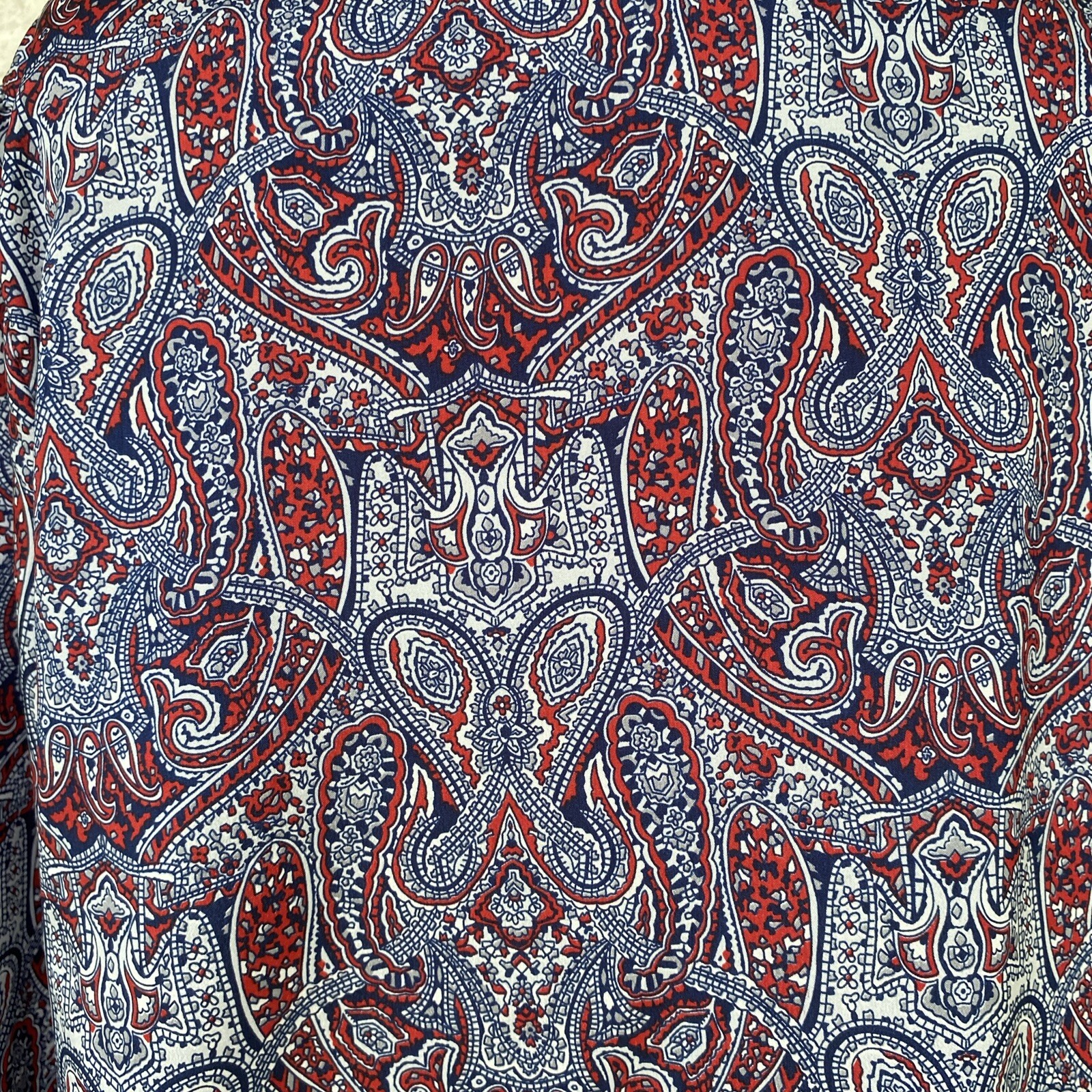 Vintage Secretary Blouse Shirt Large Red White Blue Paisley Ruffle Neck 70s 80s