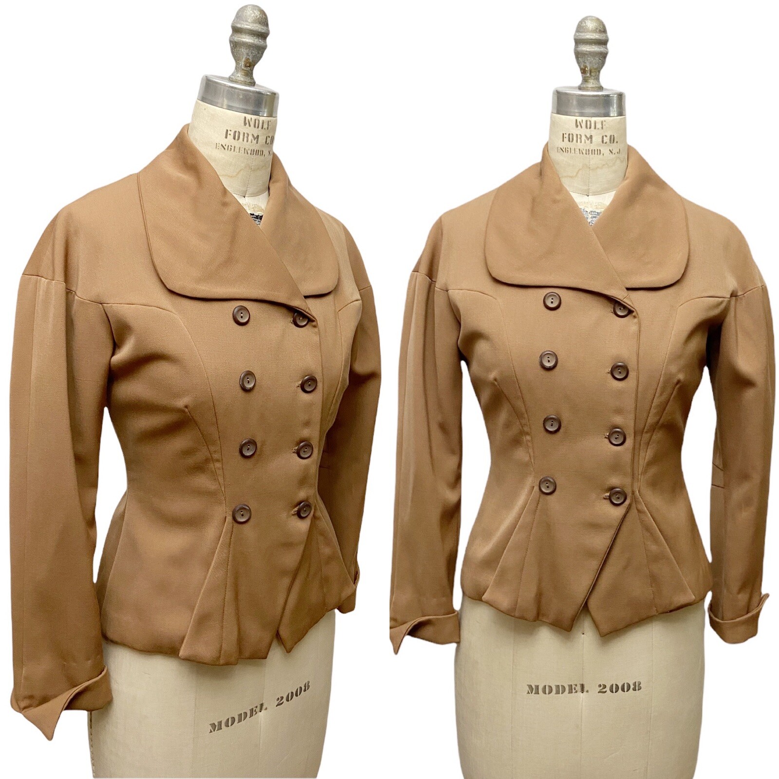 VTG 1940s Juilliard Taupe Tan Virgin Wool Double Breasted Fitted Blazer Jacket