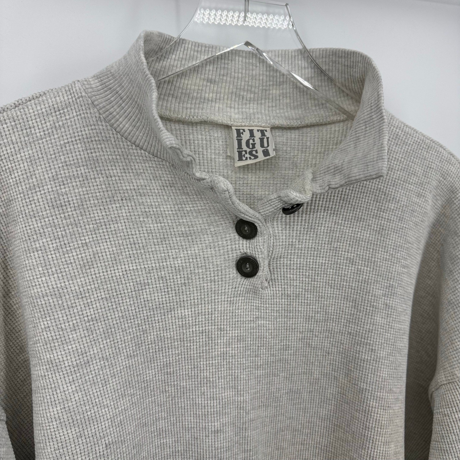 Vintage Fitigues Size Large Gray Waffle Knit Henley Top 3/4 Length Sleeves