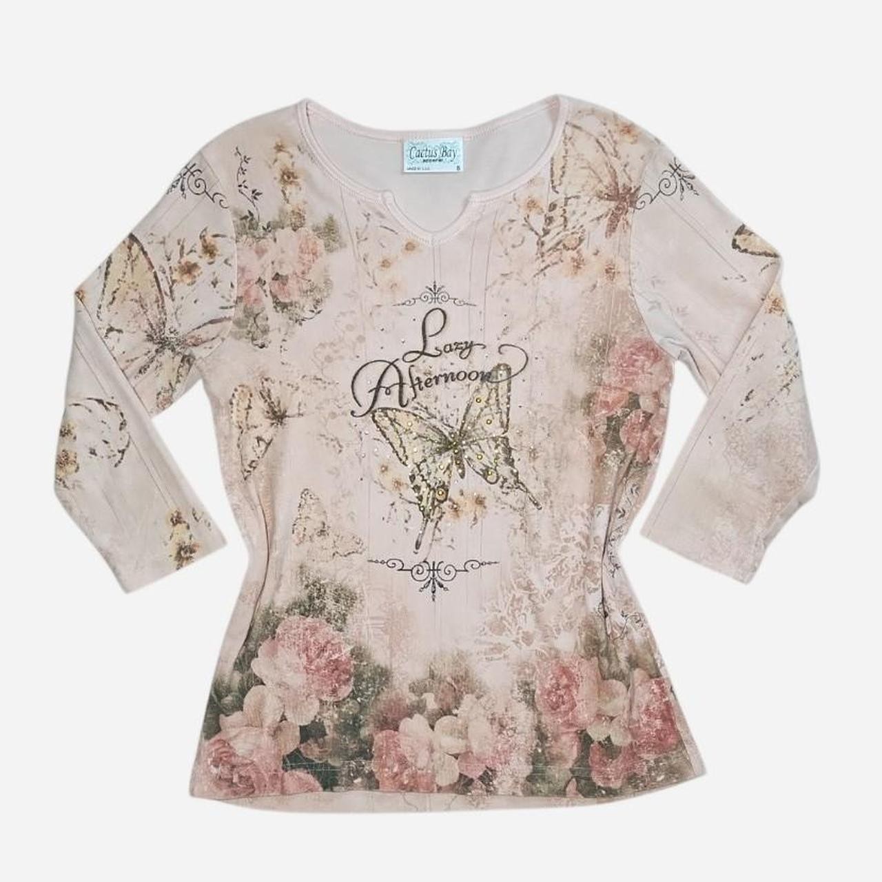 vintage y2k french art nouveau tee butterfly rhinestone rose aop whimsical sz s