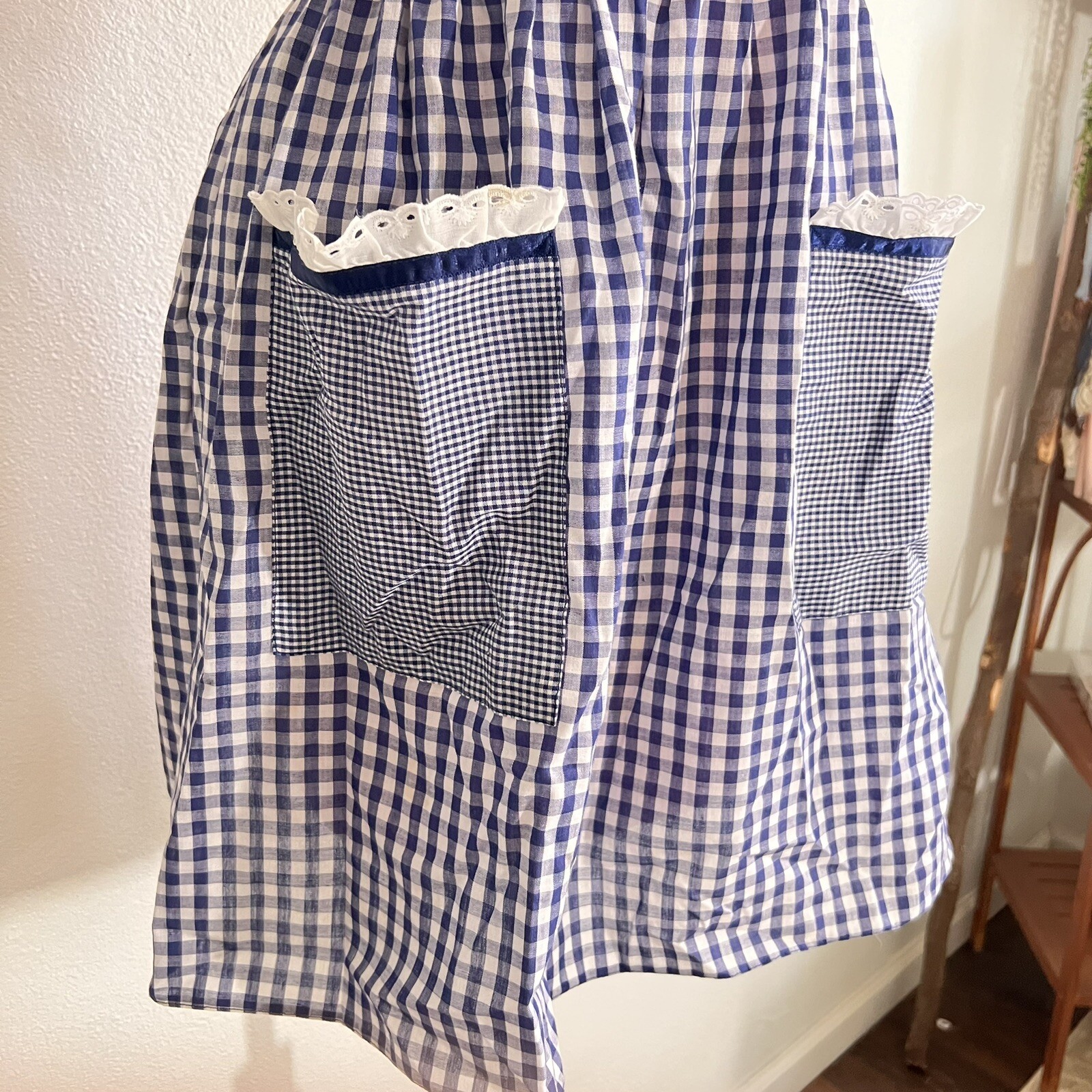 Vintage 60s Blue Plaid House Wife Belted Apron Dress Size S/M