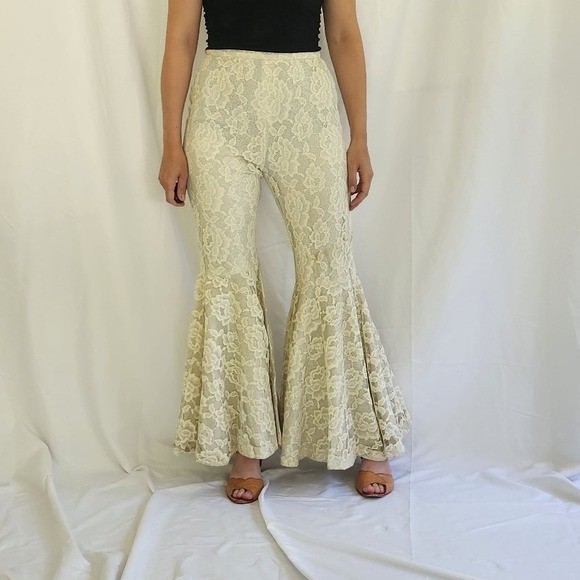 70s Lilli Diamond of California Ivory and Silver Lace Bell Bottoms