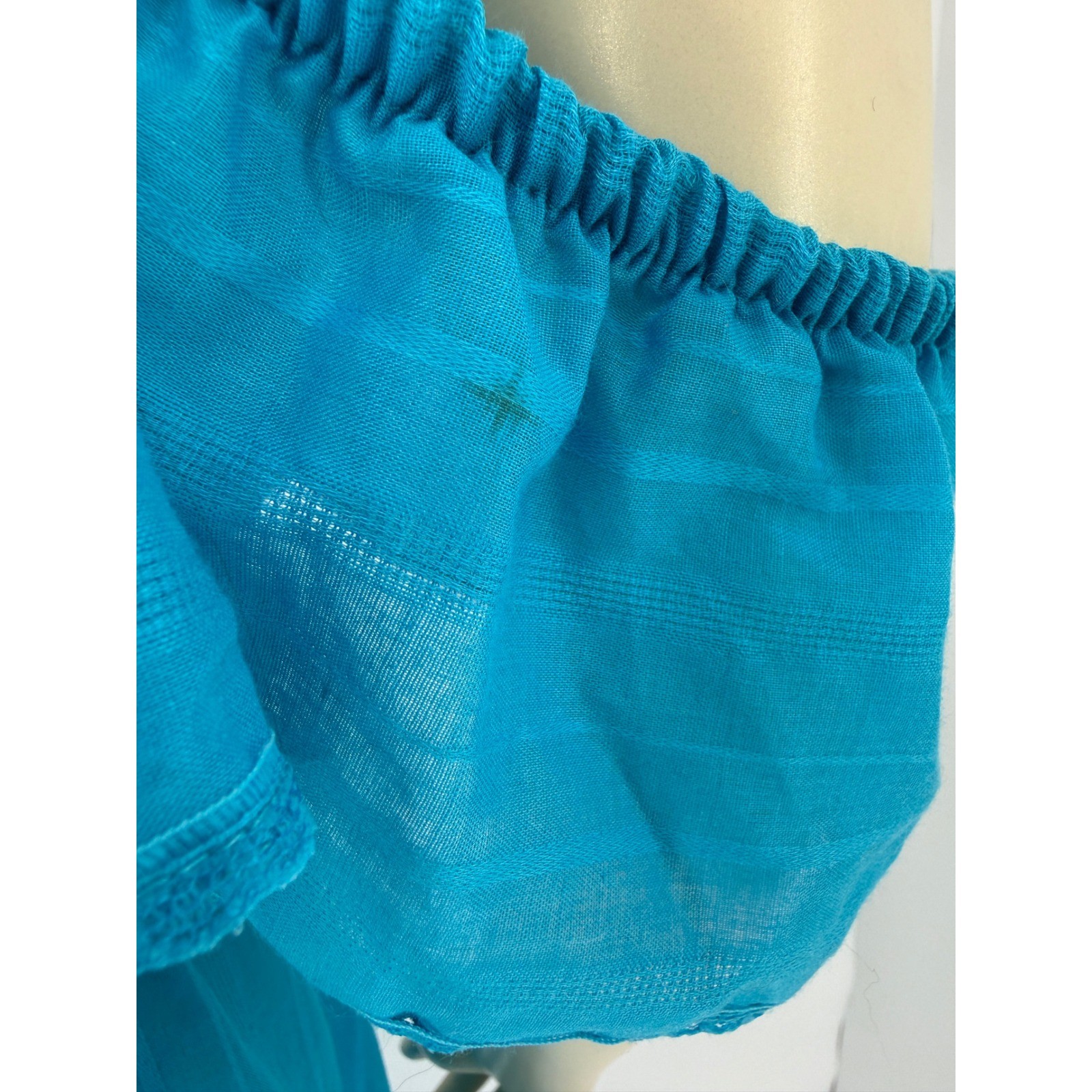 1970s Blue Off Shoulder Prairie Dress Cottagecore Boho Gauze Small