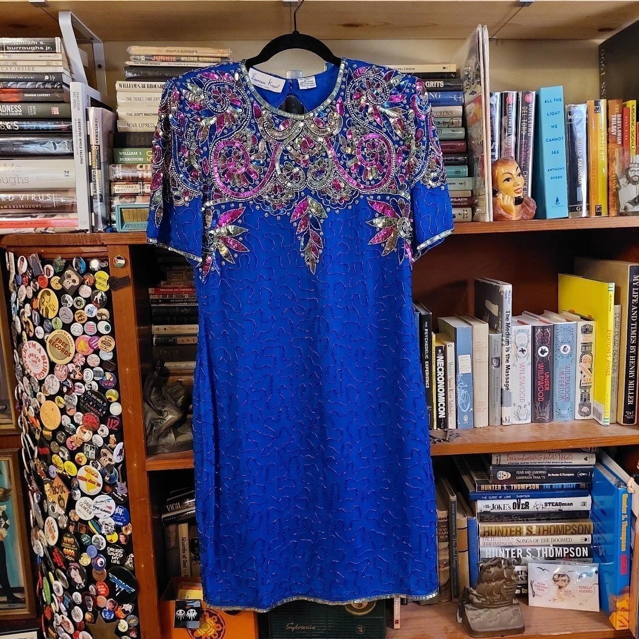 Vintage 100% pure silk blue fully beaded dress.