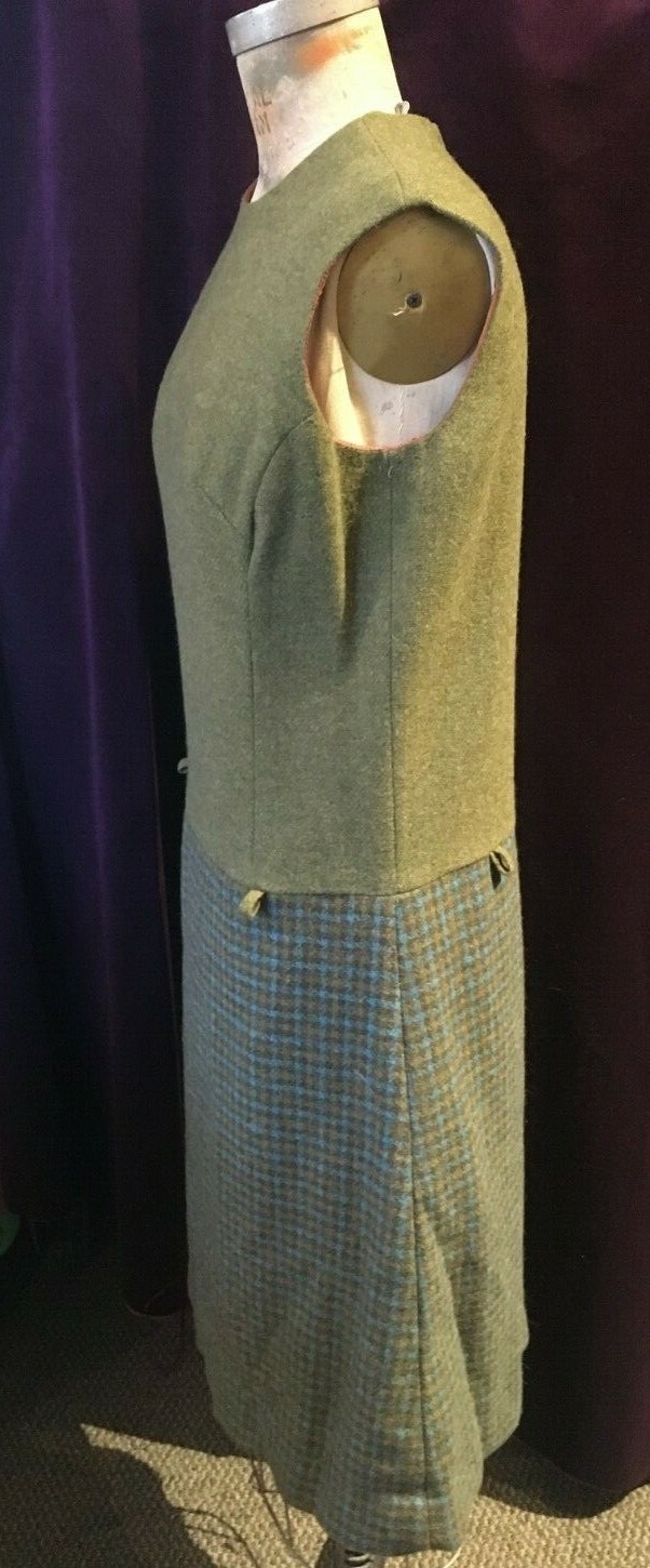Vintage 1970s Olive Green Wool Shift Dress with Patterned Skirt