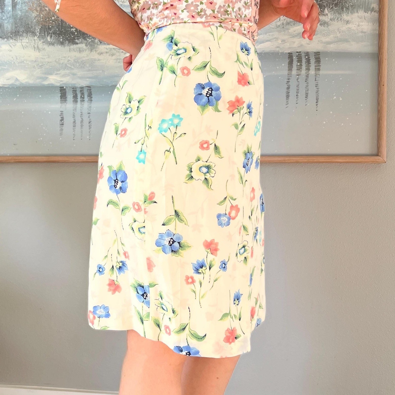 Vintage Silk Floral Skirt Cream Midi Parisian Signature Cottagecore