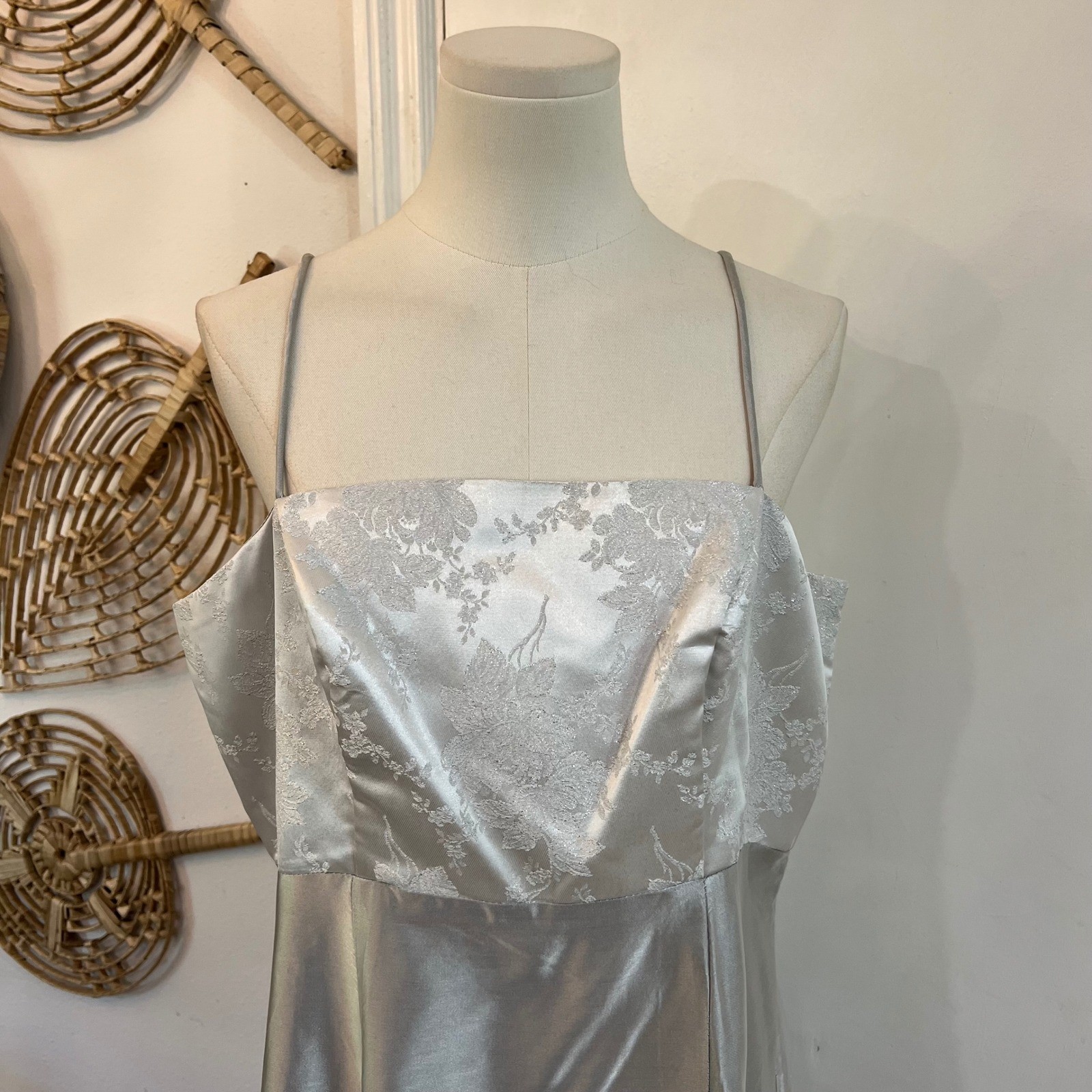 Do You Love Me Silver Acetate Brocade Maxi Slip Dress 90s Prom Gown Vintage 18