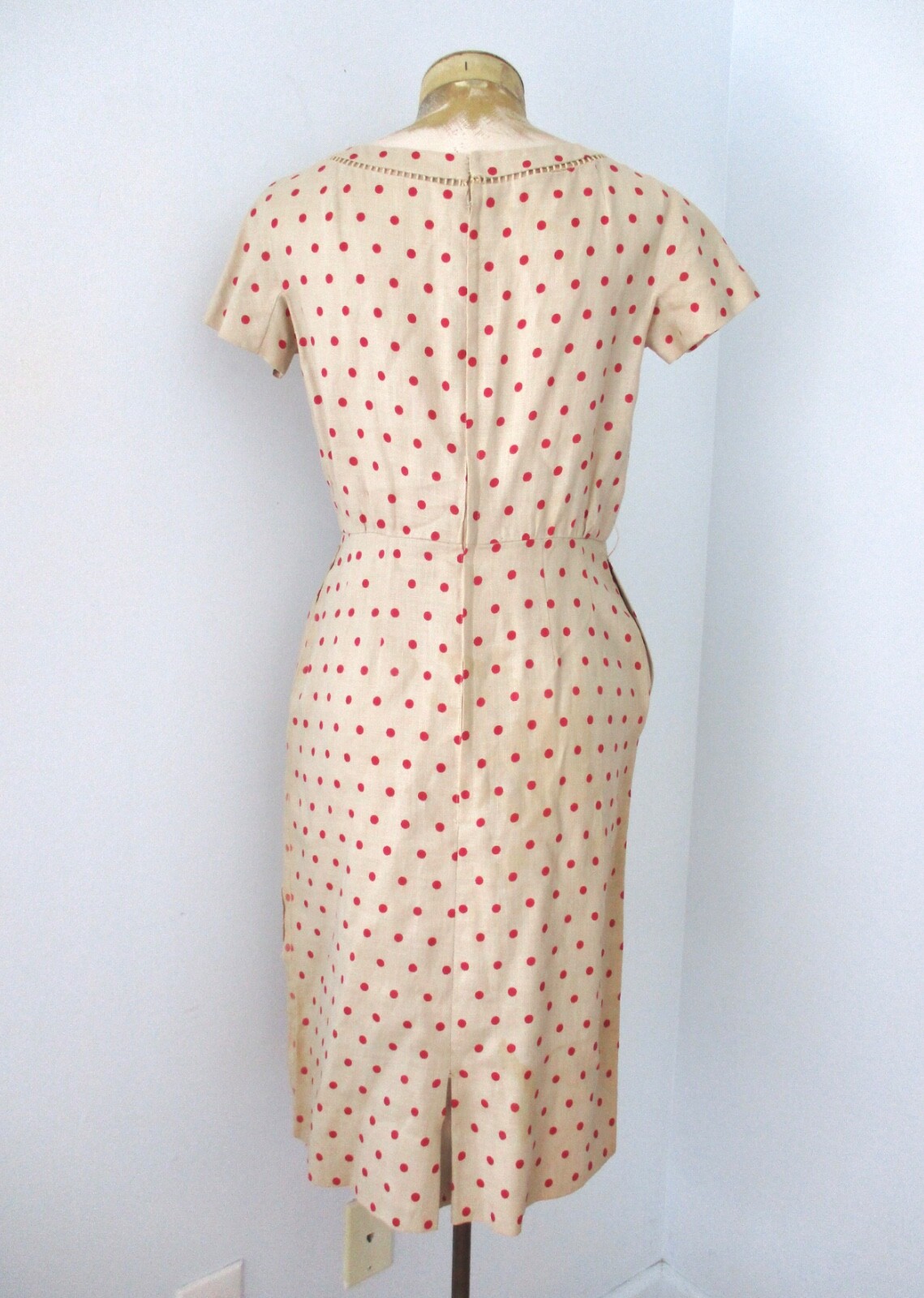 Vtg 50s 60s tan brown red polka dot 2-pc secretary dress cropped jacket suit M