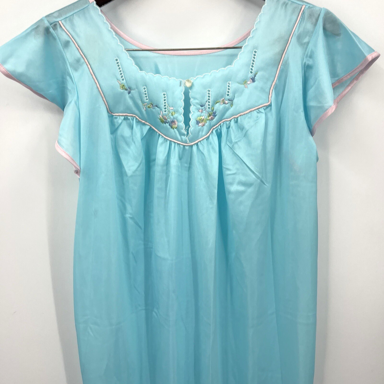 Vintage Nightgown Womens Large Glencraft Embroidered Bodice 80s VTG Blue Sissy