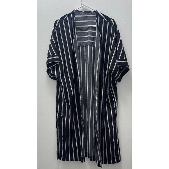 Black White Striped Open Front Kimono Cardigan Longline Cover Up Size Small