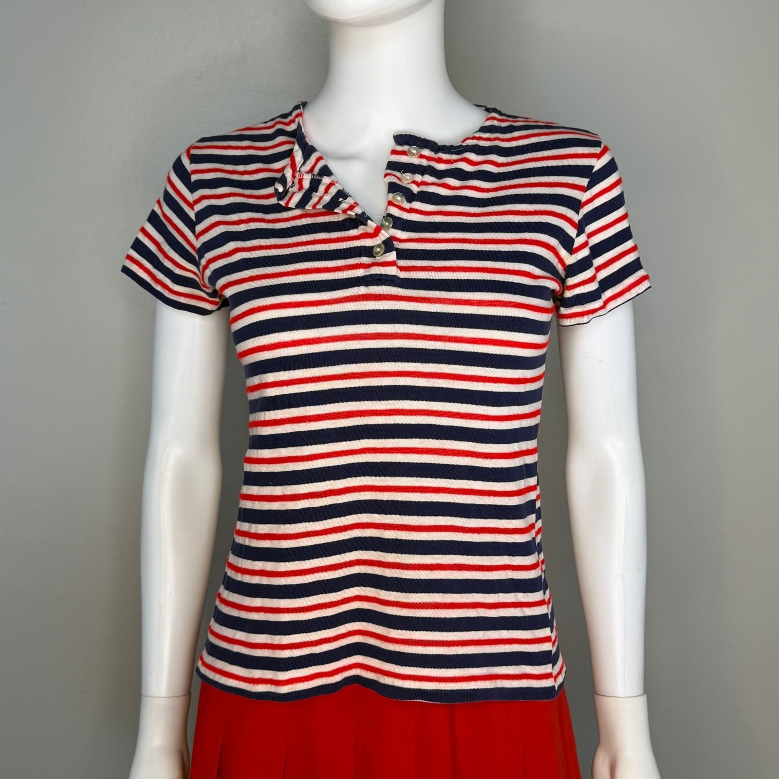 Vintage 1960s 70s Red White Blue Stripe Henley T-Shirt 60s 5 Button Short Sleeve