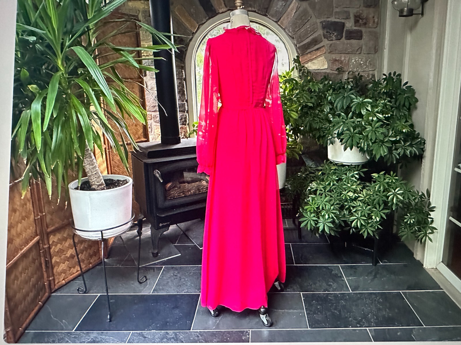 Vintage 1970s Deep Pink Chiffon Bridesmaid Dress Veil Hat House Bianchi Boston