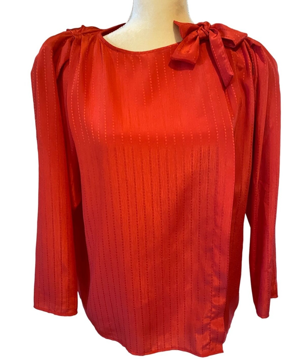 Vintage (80s) Halston III Red Satin Blouse Long Sleeve Bow Tie, Size 8
