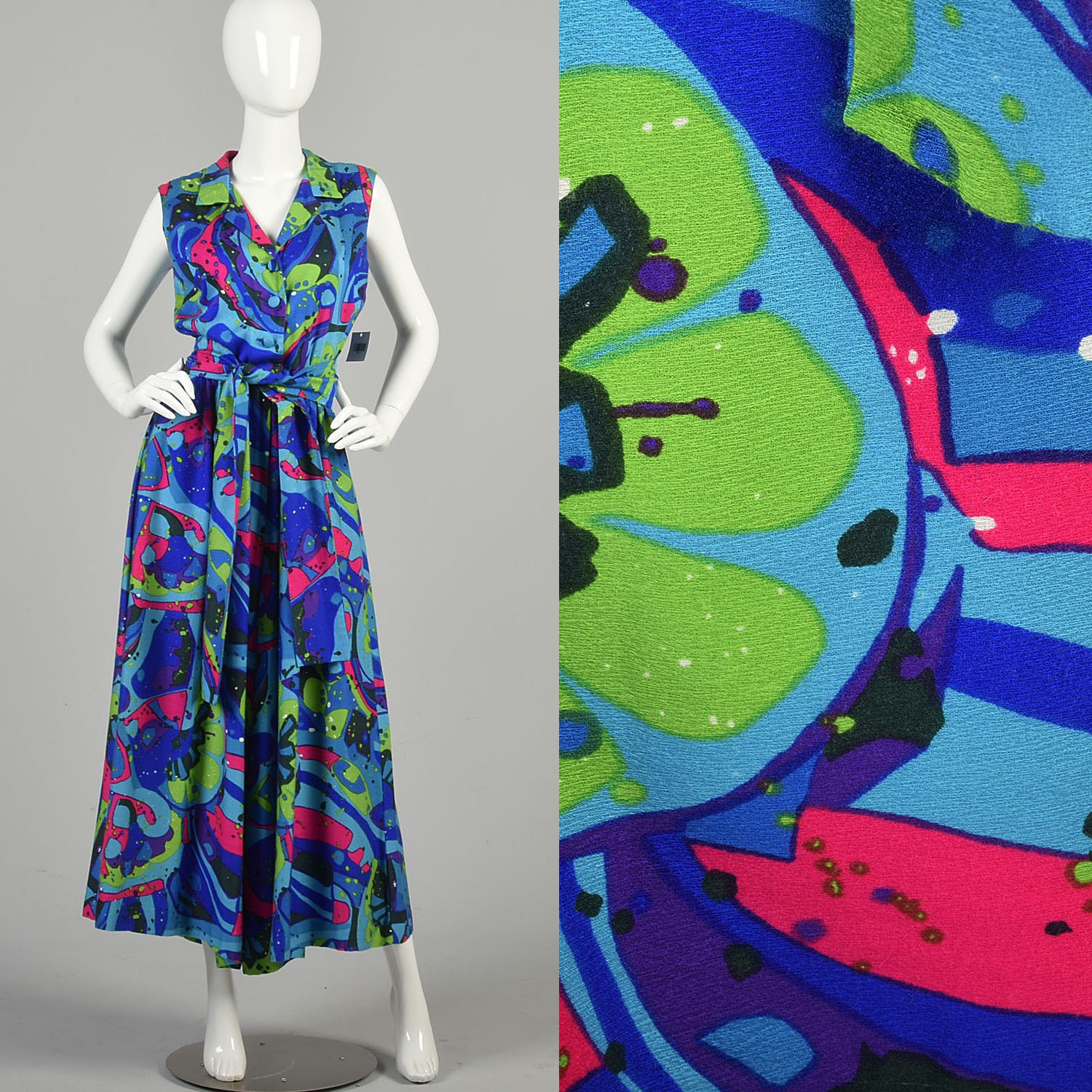 Small 1970s Jumpsuit Hawaiian Abstract Neon Wide Leg Belted Sleeveless Jumpsuit