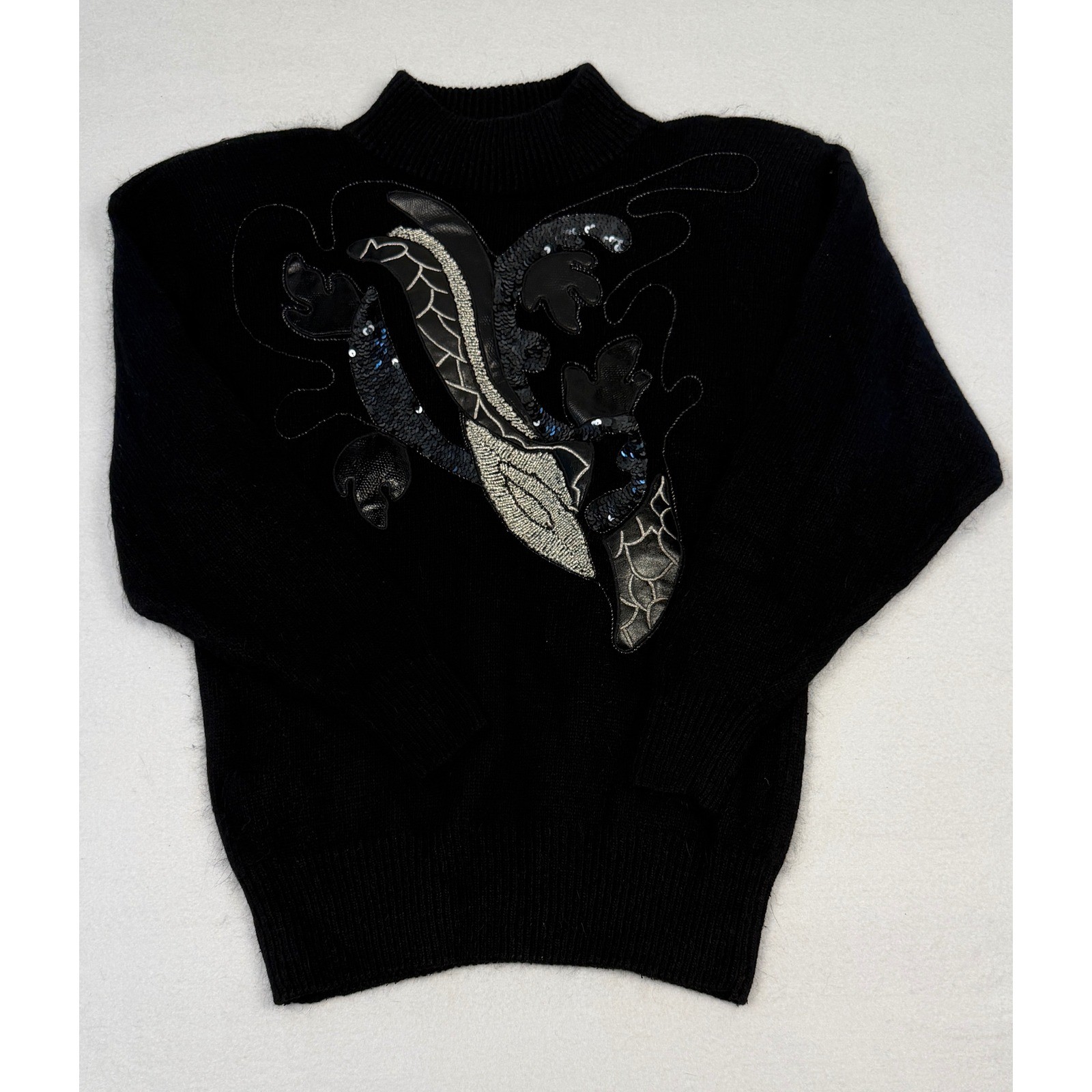 I.B. Diffusion Vintage Silk Angora Sweater Black Applique Sequin Mock Neck L