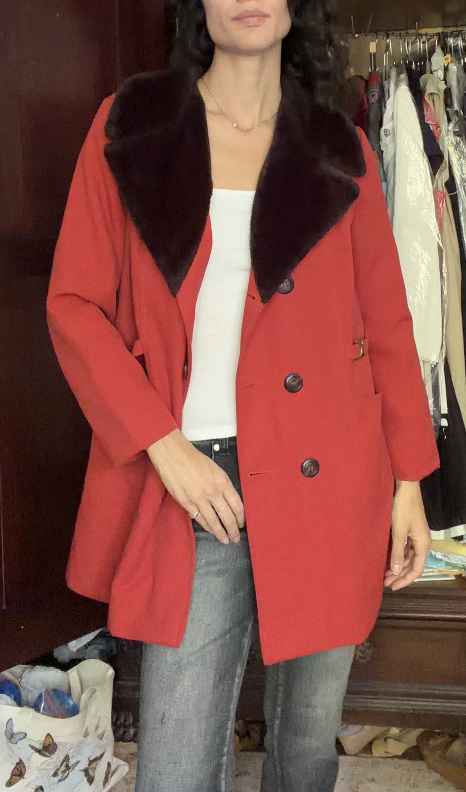 1970s Vintage Women’s Red Orange Coat With Faux Fur Collar Double Breasted