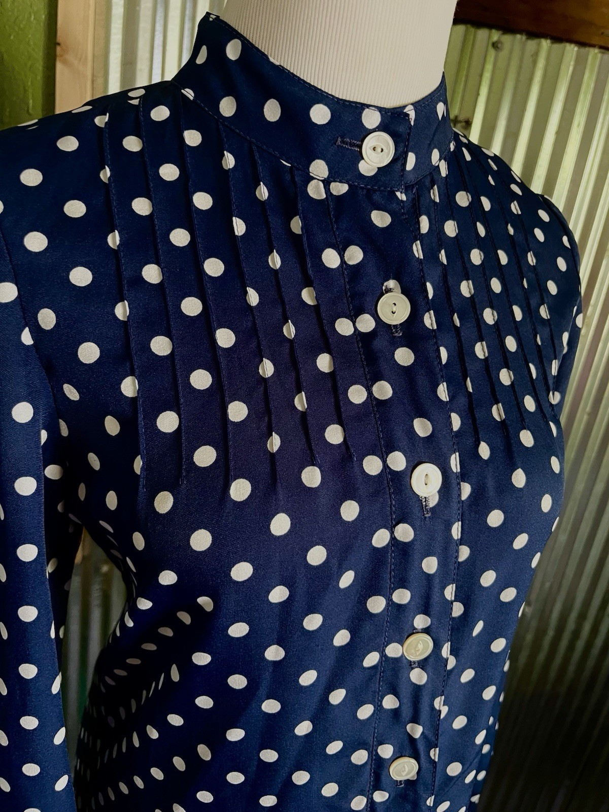 VTG CARLYE White & Blue Polka Dot Mod A Line L/S Midi Dress Sz S/M 1960s