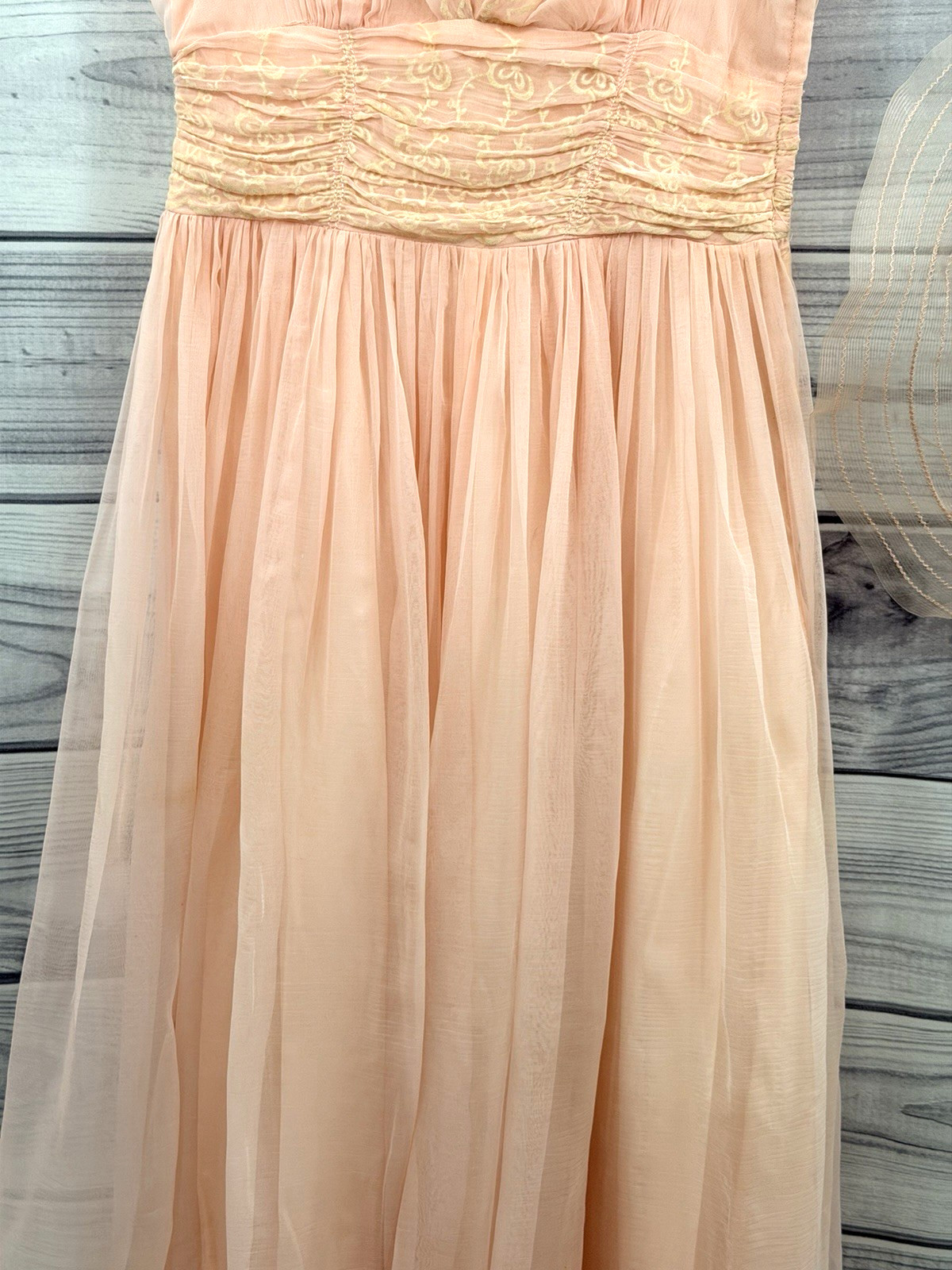 VINTAGE 1950’S CORRINE ORIGINAL PINK FLOOR LENGTH GOWN OPEN CROWN HAT & GLOVES