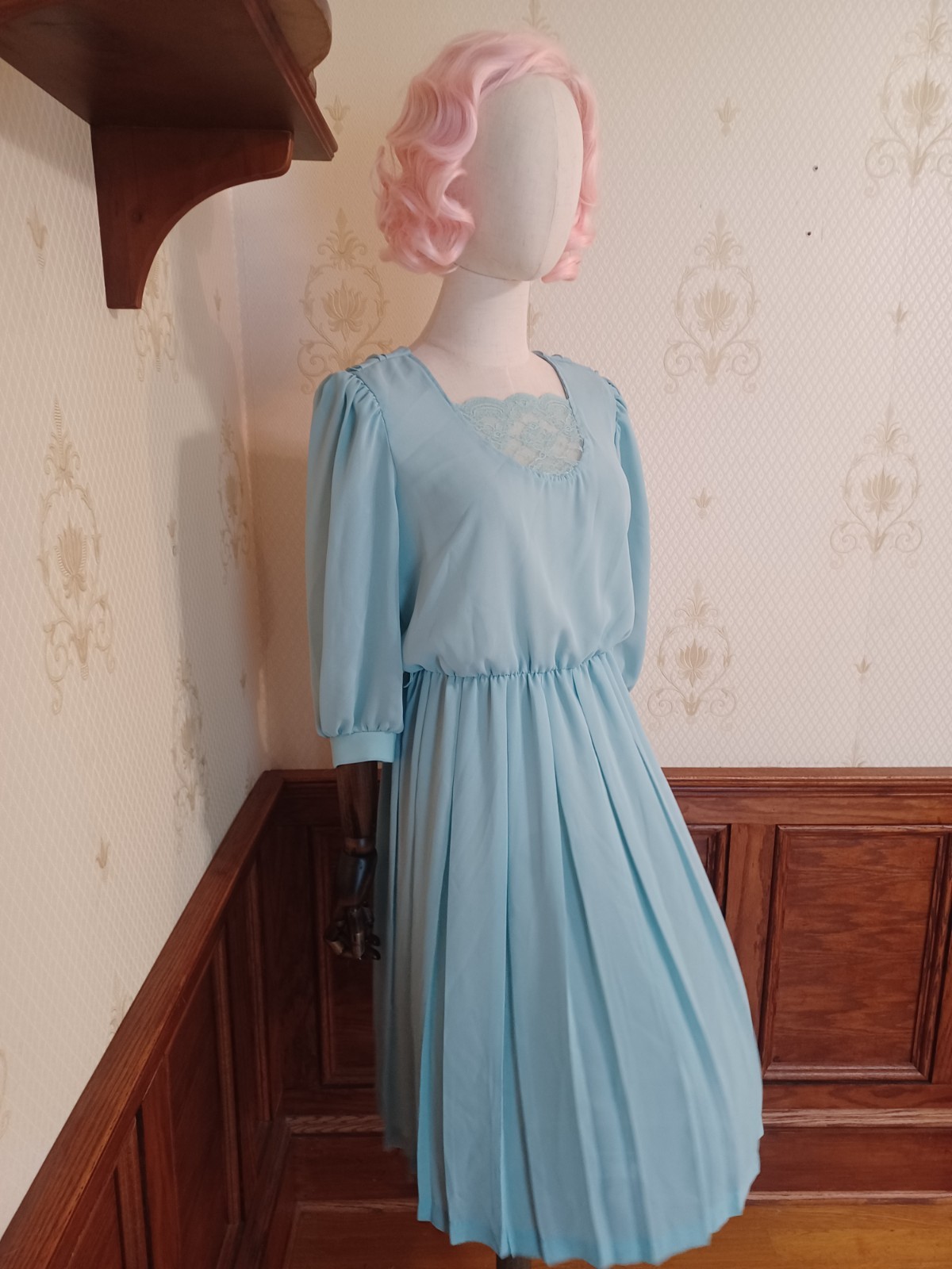 Vintage 1980s Sheer Pastel Aqua Bobby’s Girl Romantic Coquette Dress