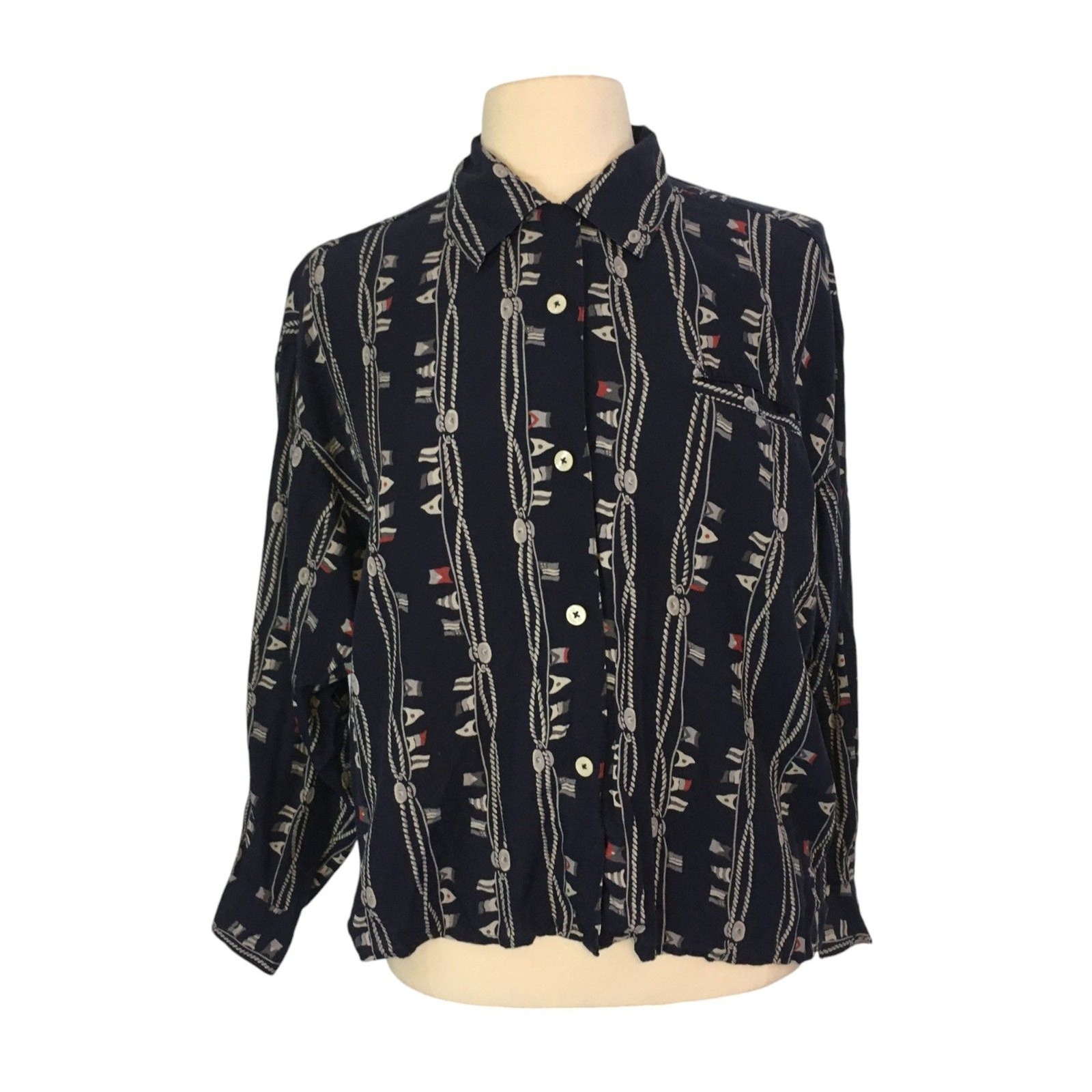 Espirit Sport Vintage 80s Navy Blue Nautical Print Button Front Shirt, Top sz S