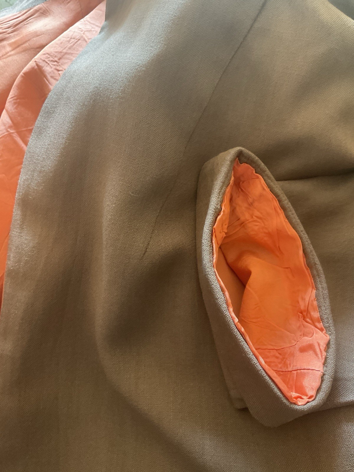 Vintage 1950 FALL AUTUMN DUSTER COAT Brown Linen Orange Lining M