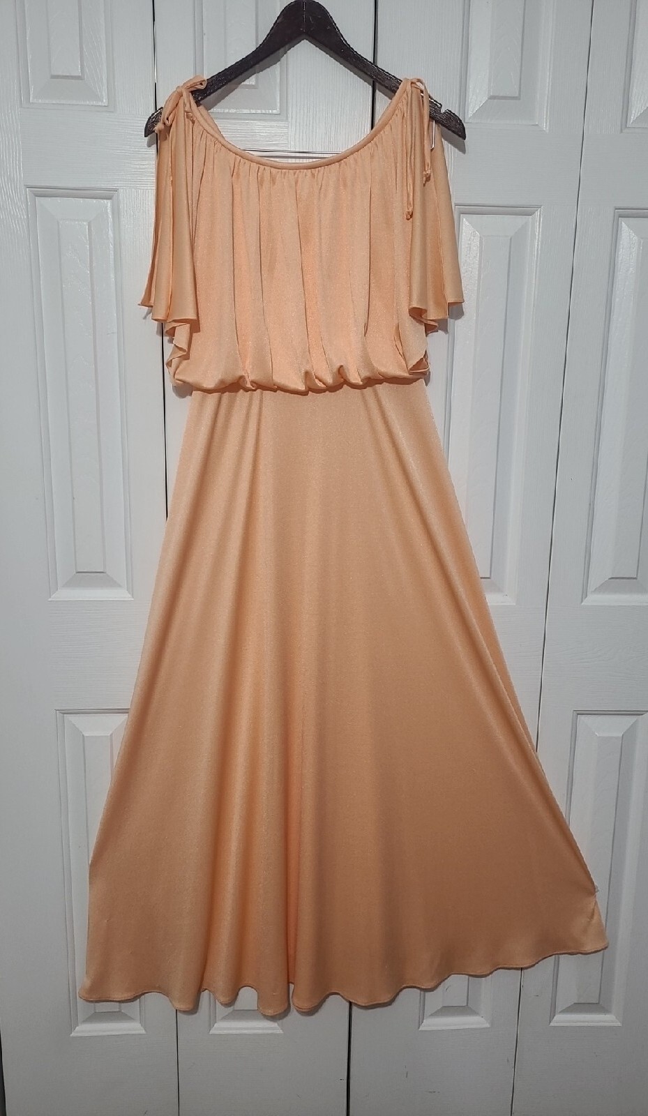 Vintage 70s Grecian Maxi Dress Womens 11/12 Draped Apricot Peach Cottage EASTER