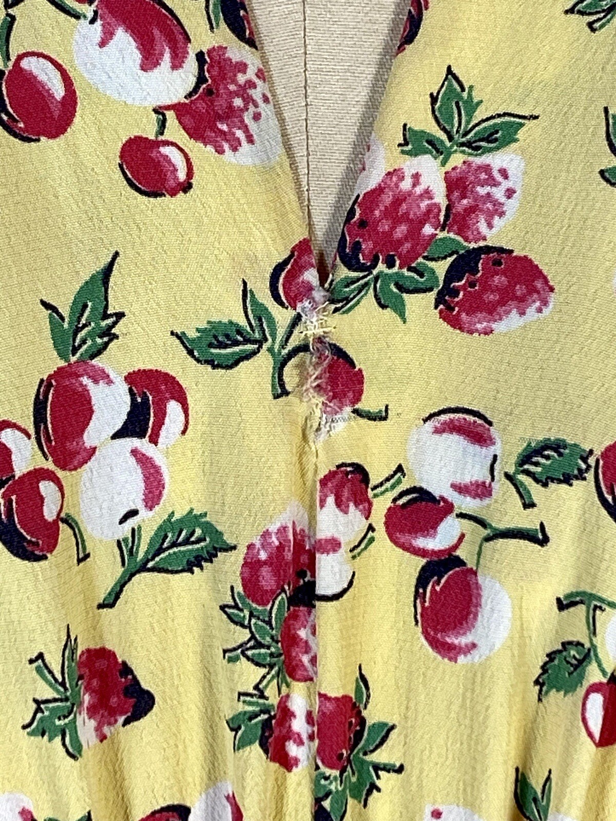 Vintage late 1930’s – 1940’s yellow rayon BERRIES & CHERRIES print swishy dress