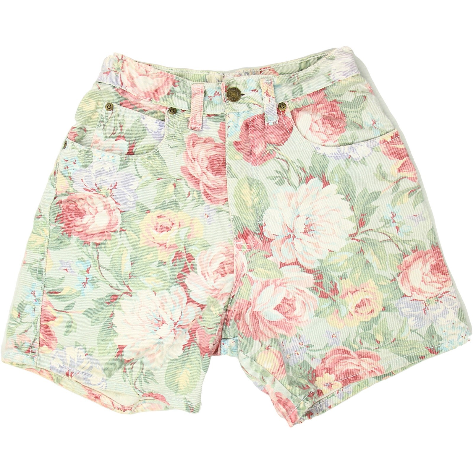 Vintage Zena Floral Flower Pastel Disco Mom High Waist Denim Jean Shorts 24