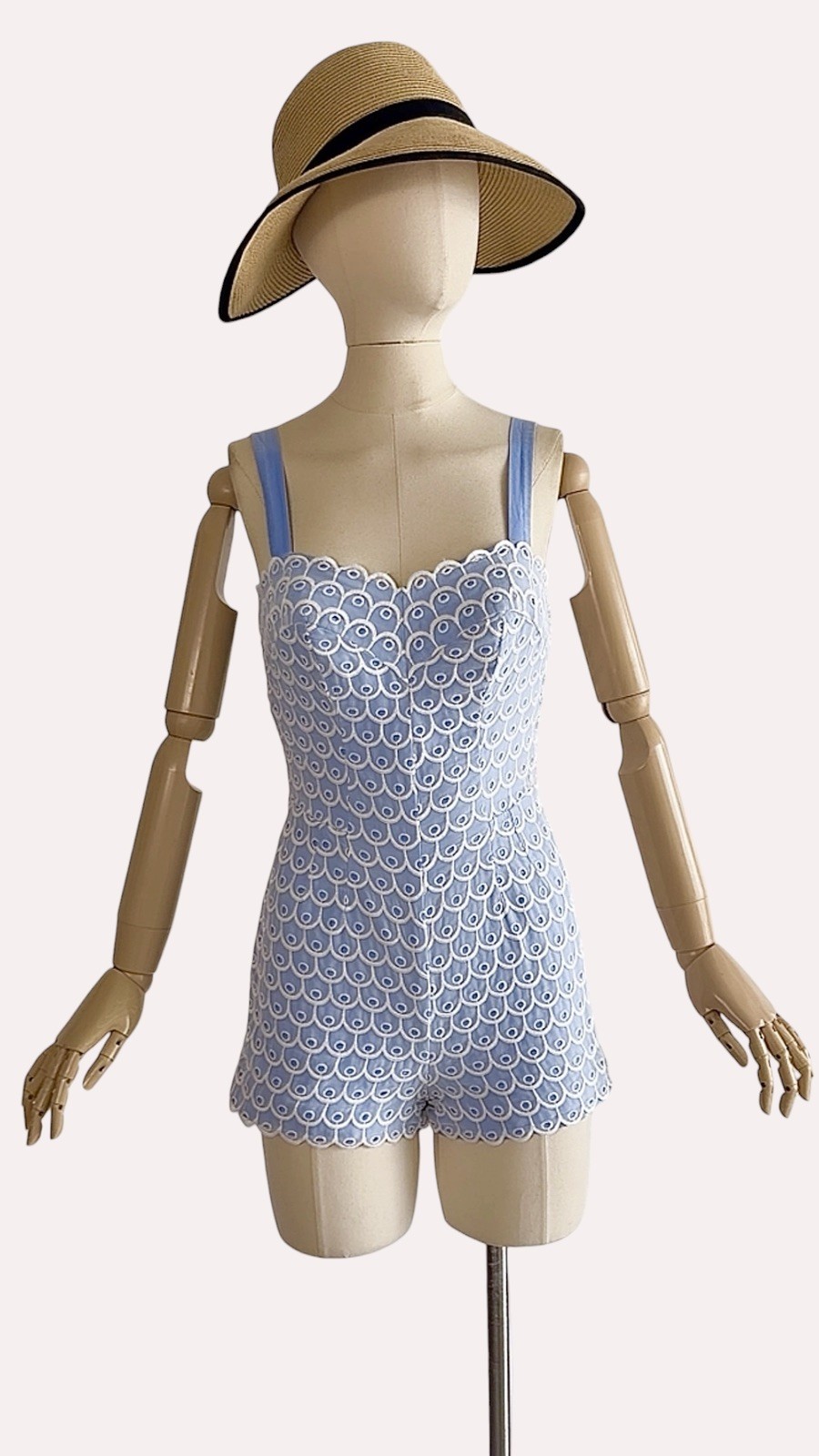 Documented Vintage 1950s JANTZEN Pinup Blue Romper Playsuit Embroidered Eyelet