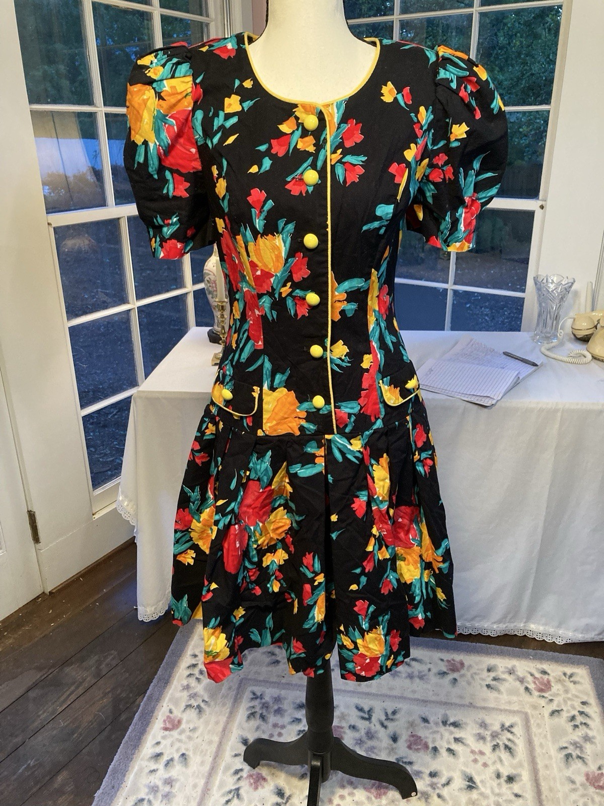 Vintage 1980s Culotte Romper Dress Black And Floral