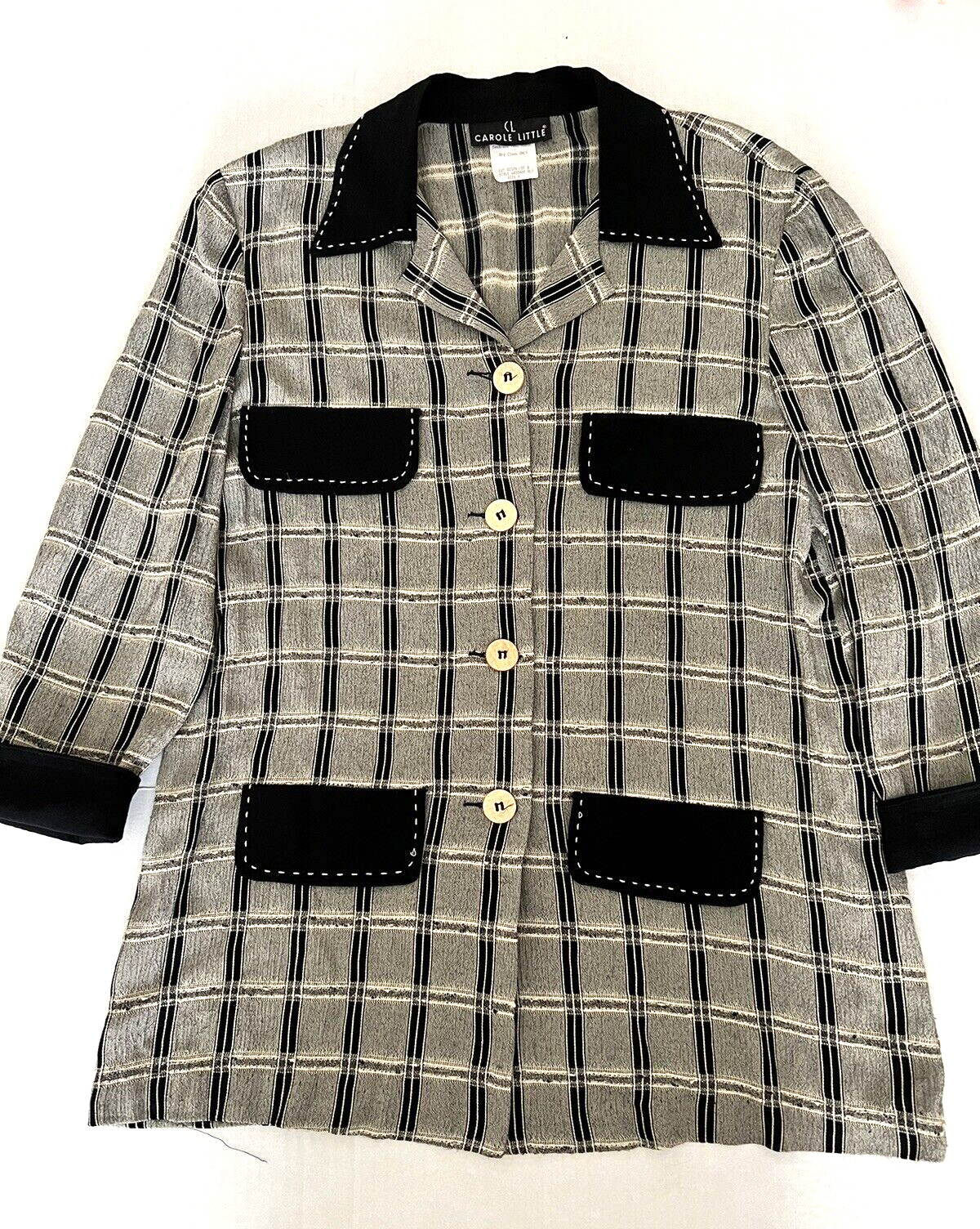 Vintage Carole Little Rayon Cream & Black Plaid Lightweight Jacket/Blouse Size 6