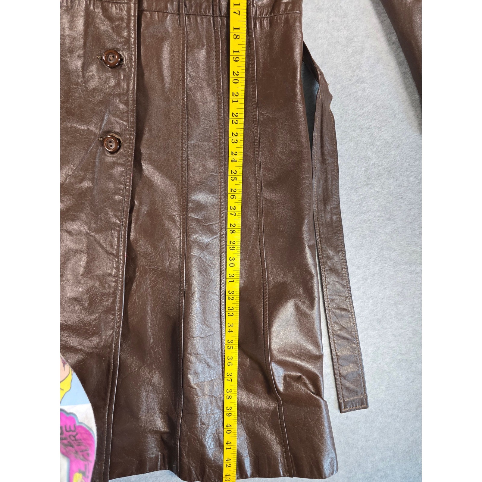 Vintage 70s Brown Leather Trench Coat Long Belted Womens 14 Junior Gallery Retro