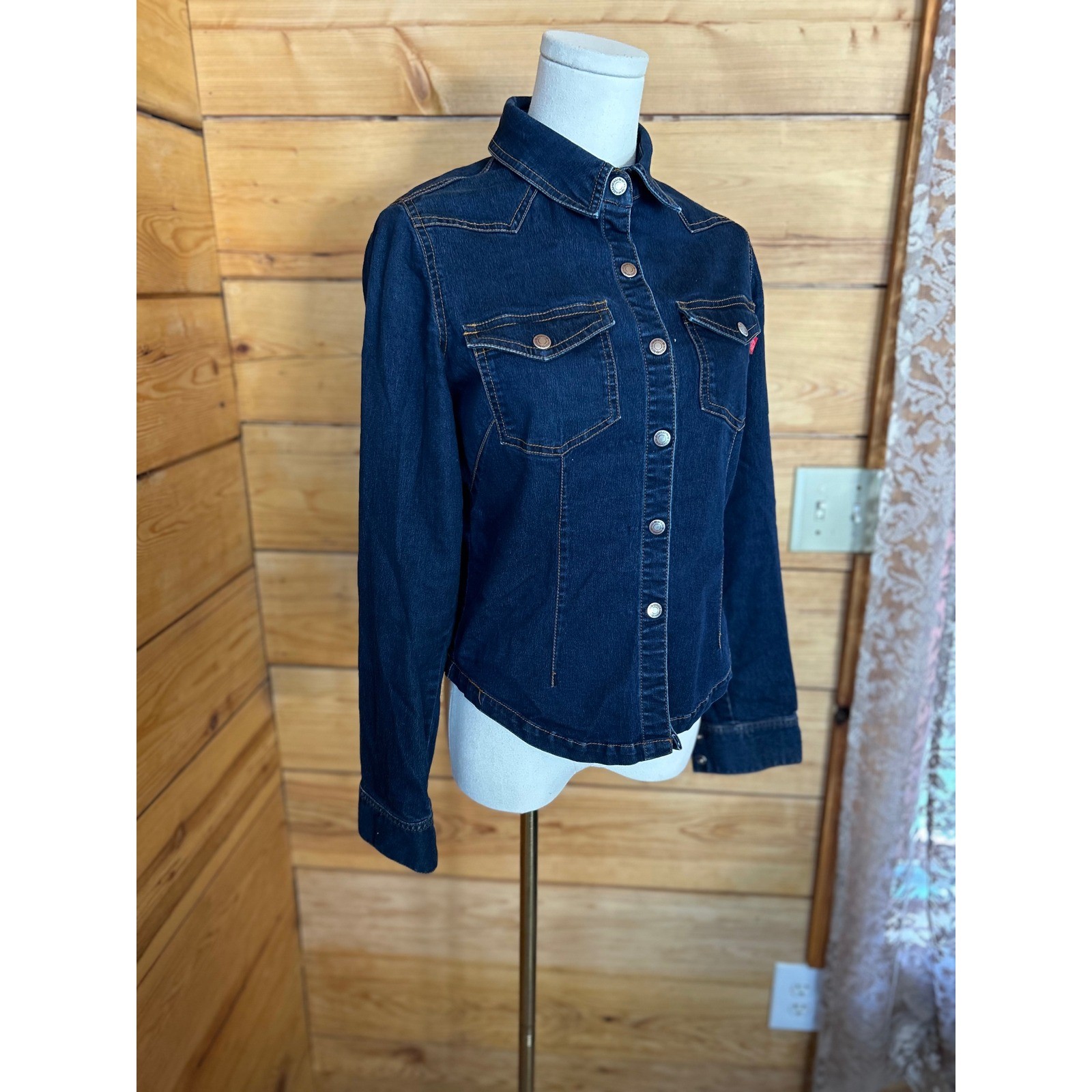 Vintage Denim Jacket Womens Small Dark Wash Trucker Hot Kiss Y2K Western Cowgirl